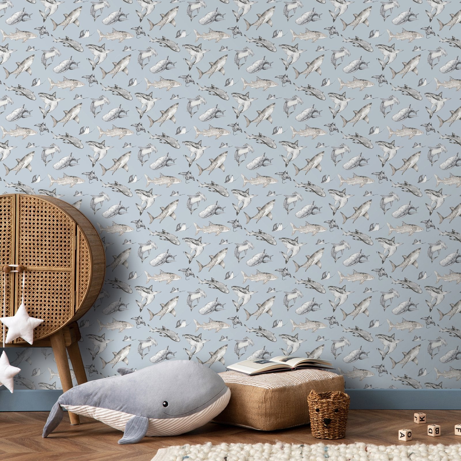 Sharks Wallpaper in Blue color - pattern number G78591 - by Galerie in the Kids and Teens collection