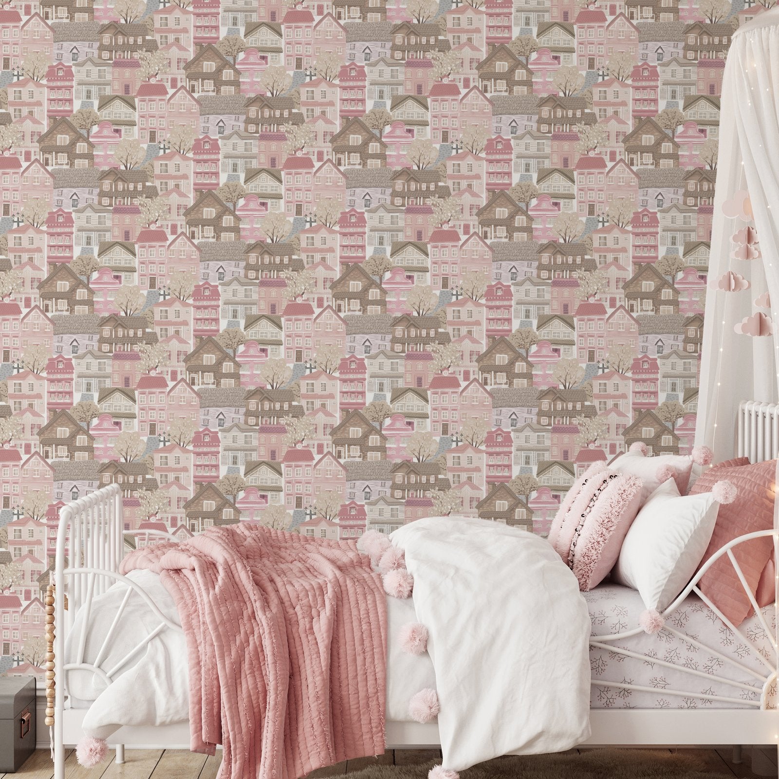 Whimsical Houses Wallpaper in Pink color - pattern number G78602 - by Galerie in the Kids and Teens collection