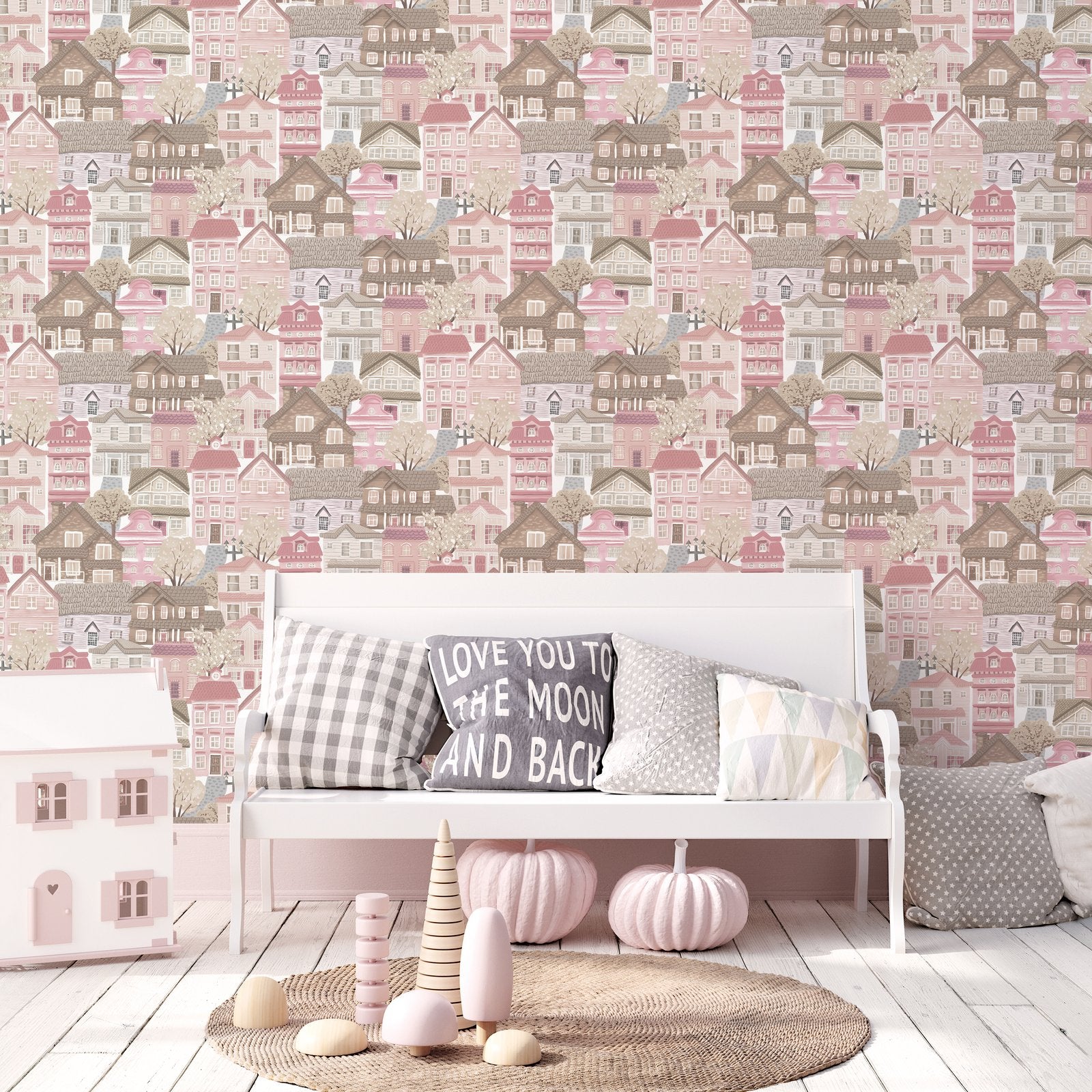 Whimsical Houses Wallpaper in Pink color - pattern number G78602 - by Galerie in the Kids and Teens collection