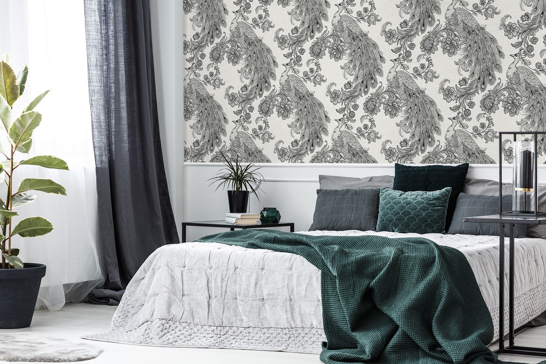 Peacock Peel and Stick wallpaper in ivory and ebony color - pattern number HG12200NG - by NextWall in the Peel and Stick Wallpaper by Harry and Grace 4 collection