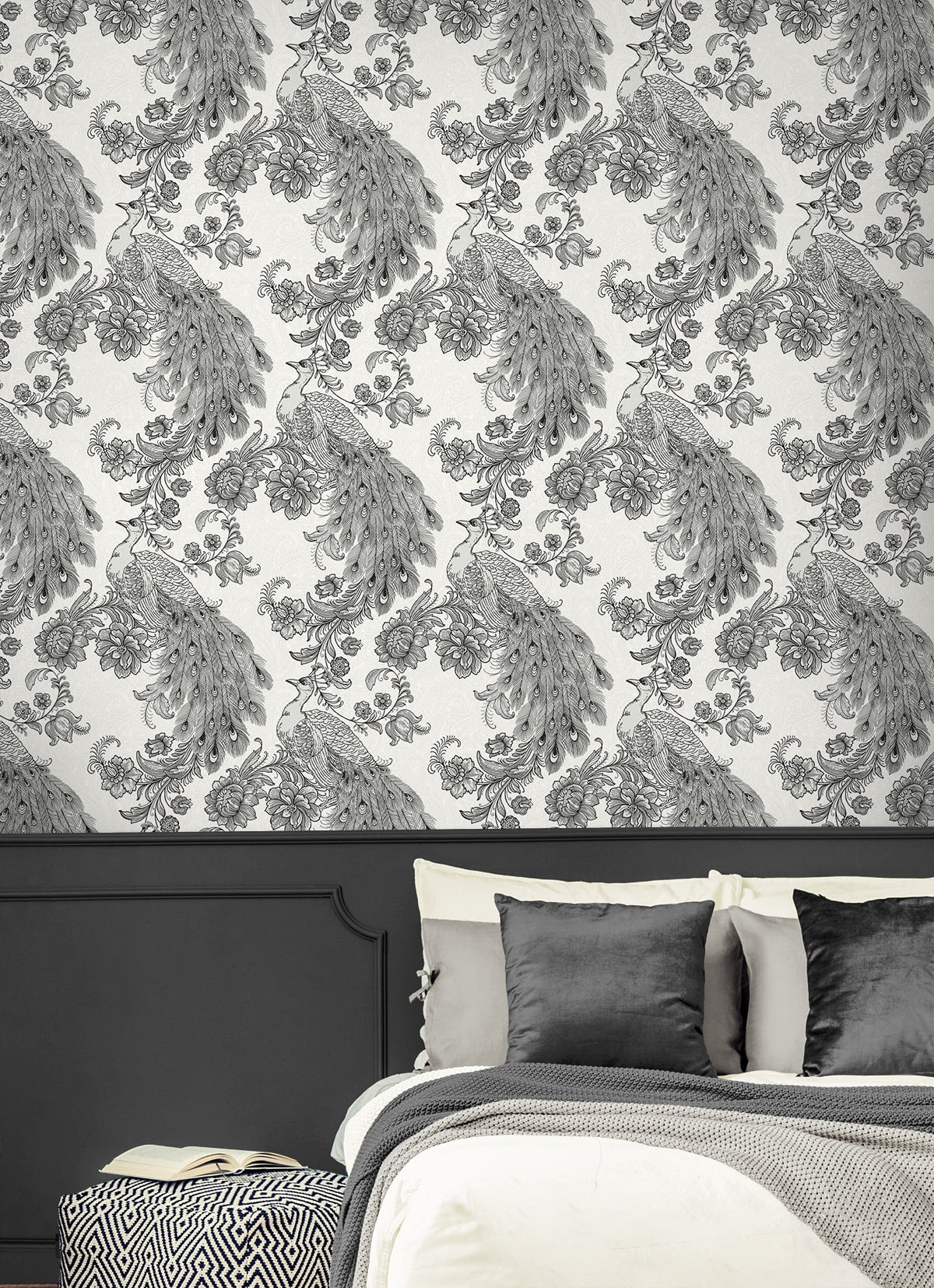 Peacock Peel and Stick wallpaper in ivory and ebony color - pattern number HG12200 - by NextWall in the Peel and Stick Wallpaper by Harry and Grace 4 collection
