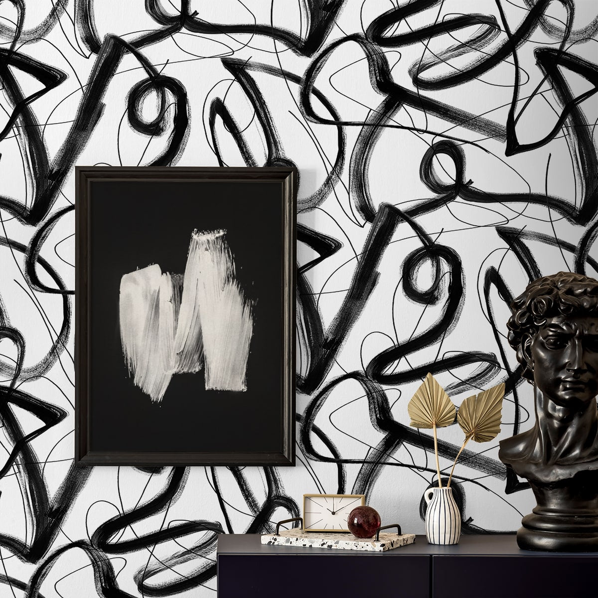 Graphic Linework Peel and Stick wallpaper in ebony color - pattern number HG12700 - by NextWall in the Peel and Stick Wallpaper by Harry and Grace 4 collection