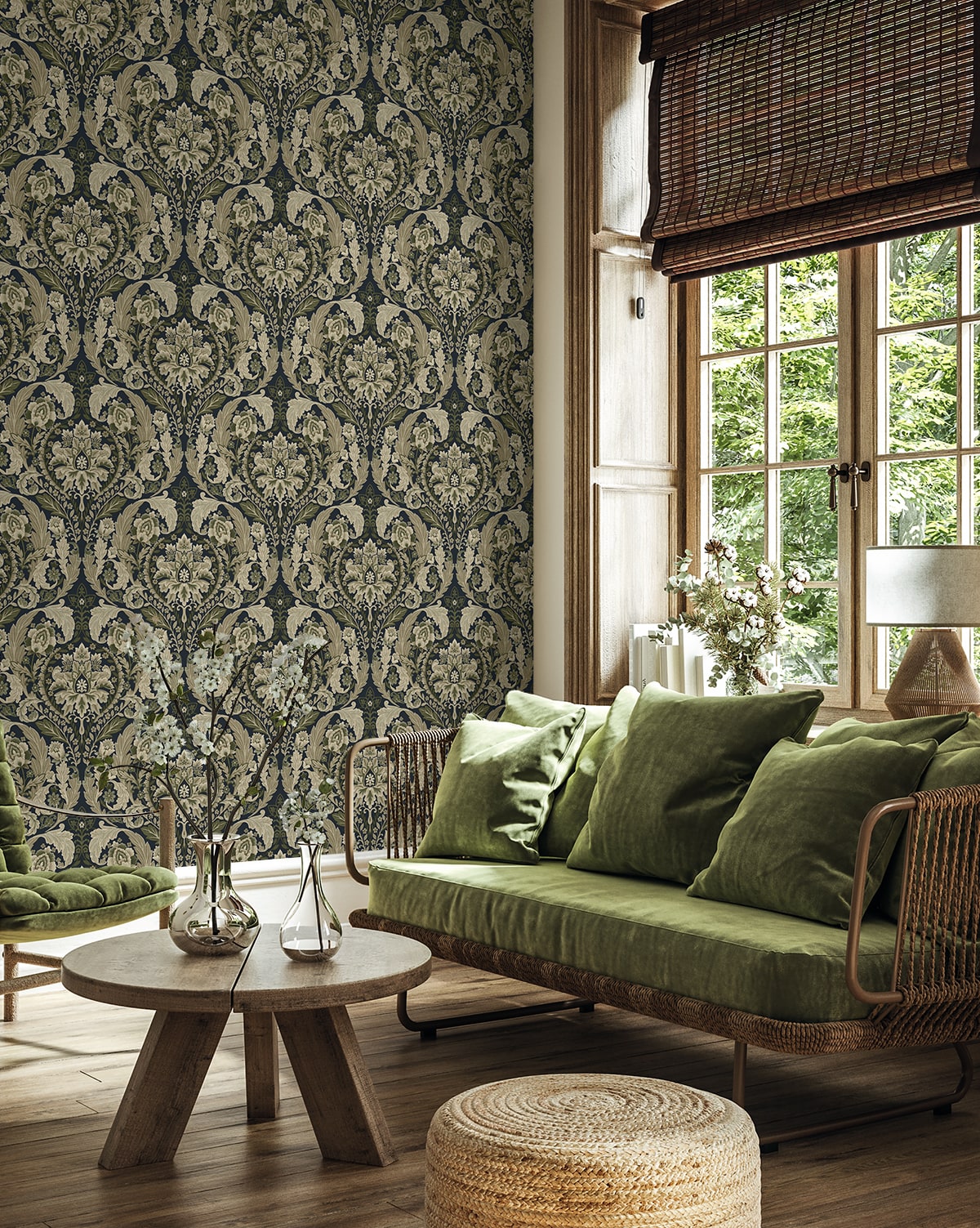 Thornton Vintage Damask Peel and Stick wallpaper in deep sea color - pattern number HG12902 - by NextWall in the Peel and Stick Wallpaper by Harry and Grace 5 collection
