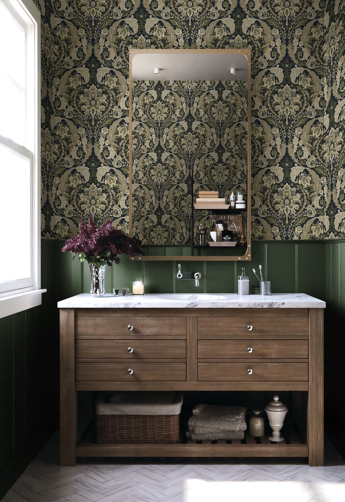 Thornton Vintage Damask Peel and Stick wallpaper in deep sea color - pattern number HG12902 - by NextWall in the Peel and Stick Wallpaper by Harry and Grace 5 collection