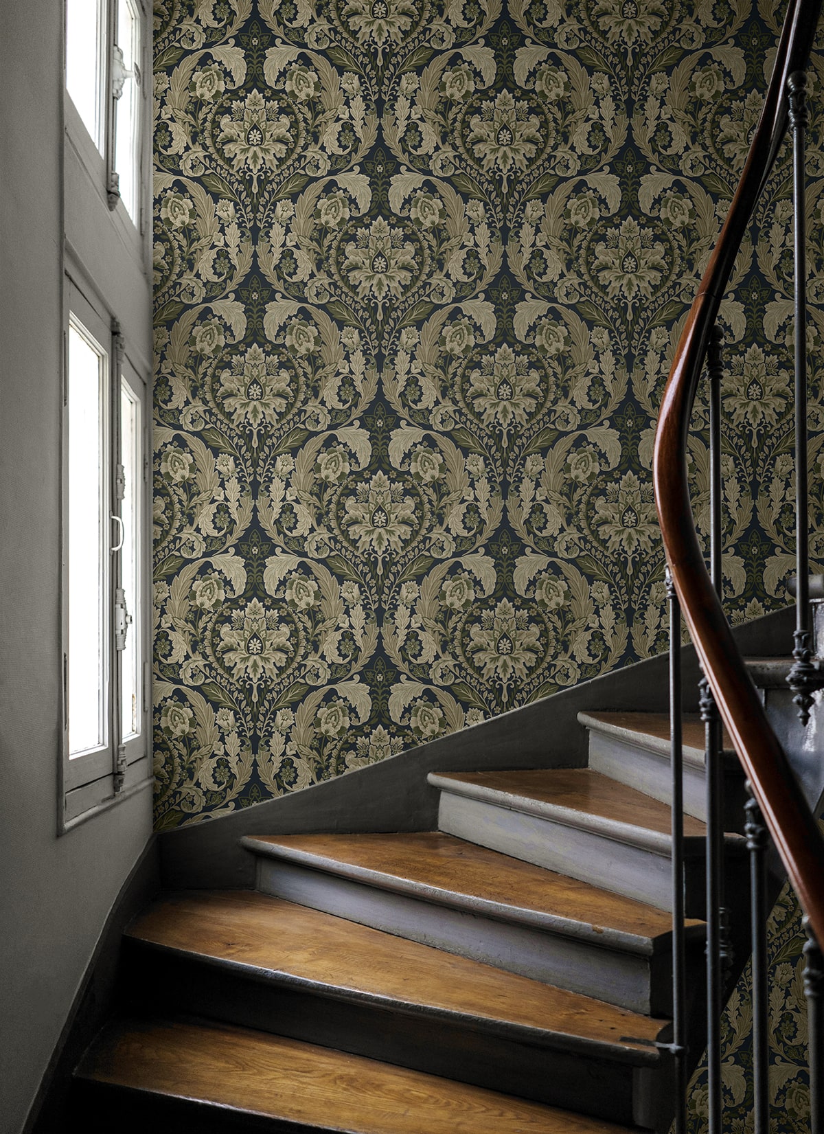 Thornton Vintage Damask Peel and Stick wallpaper in deep sea color - pattern number HG12902 - by NextWall in the Peel and Stick Wallpaper by Harry and Grace 5 collection