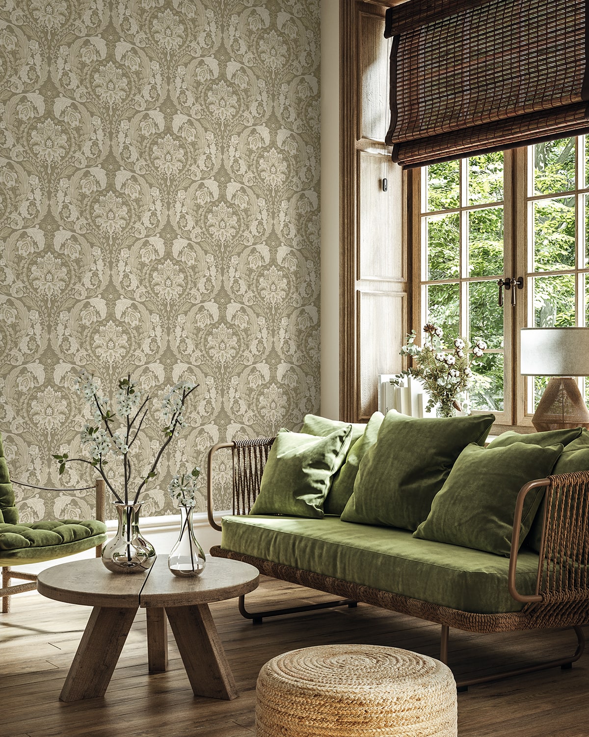 Thornton Vintage Damask Peel and Stick wallpaper in latte color - pattern number HG12905 - by NextWall in the Peel and Stick Wallpaper by Harry and Grace 5 collection
