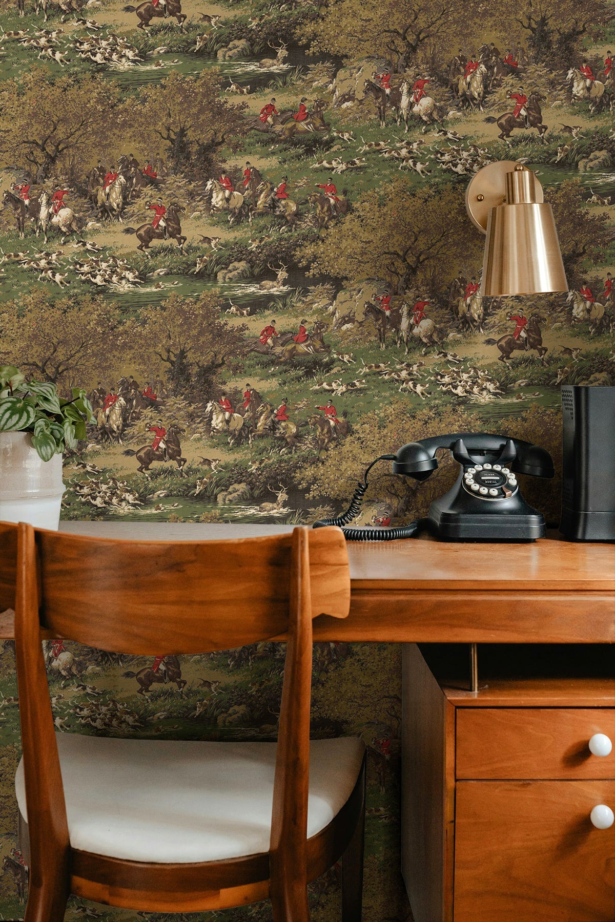 Taunton Hunt Scene Peel and Stick wallpaper in chestnut and rosemary color - pattern number HG13005 - by NextWall in the Peel and Stick Wallpaper by Harry and Grace 5 collection