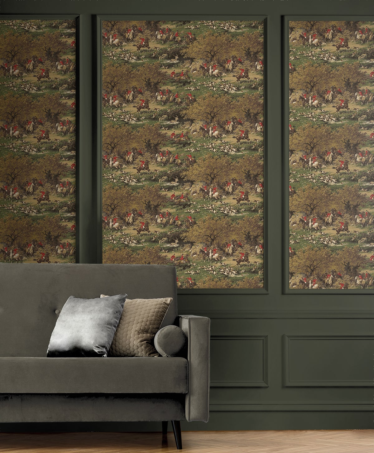 Taunton Hunt Scene Peel and Stick wallpaper in chestnut and rosemary color - pattern number HG13005 - by NextWall in the Peel and Stick Wallpaper by Harry and Grace 5 collection