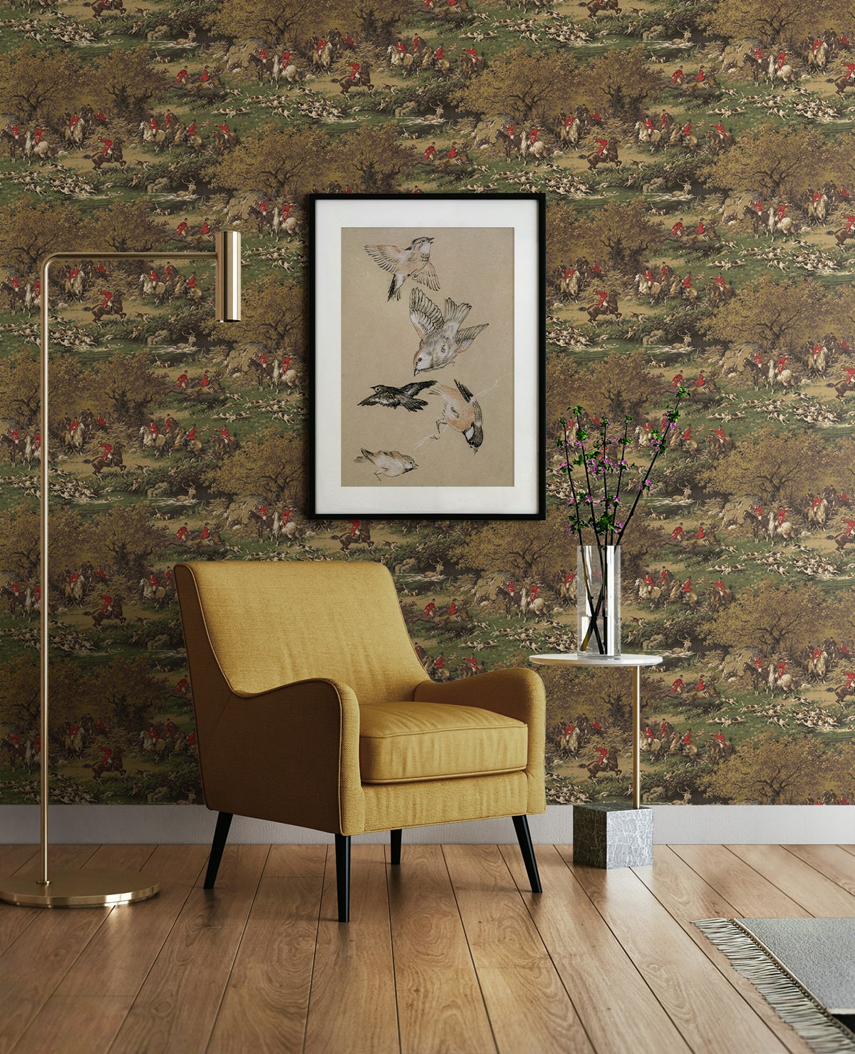 Taunton Hunt Scene Peel and Stick wallpaper in chestnut and rosemary color - pattern number HG13005 - by NextWall in the Peel and Stick Wallpaper by Harry and Grace 5 collection