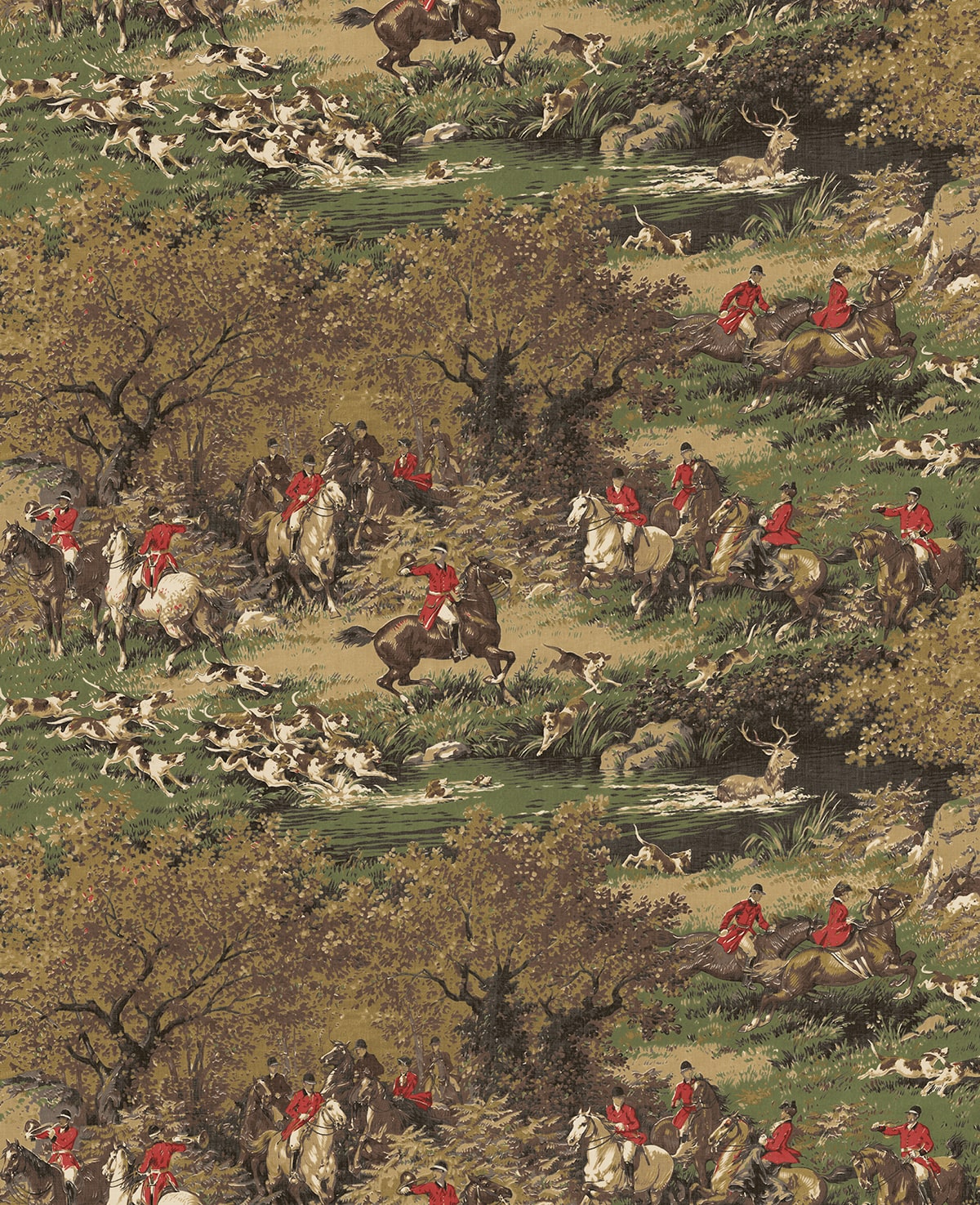 Taunton Hunt Scene Peel and Stick wallpaper in chestnut and rosemary color - pattern number HG13005 - by NextWall in the Peel and Stick Wallpaper by Harry and Grace 5 collection
