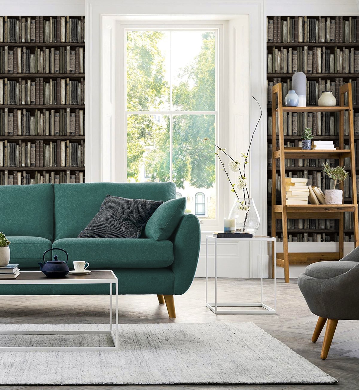 Faux Bookshelves Peel and Stick wallpaper in shale color - pattern number HG13200 - by NextWall in the Peel and Stick Wallpaper by Harry and Grace 5 collection