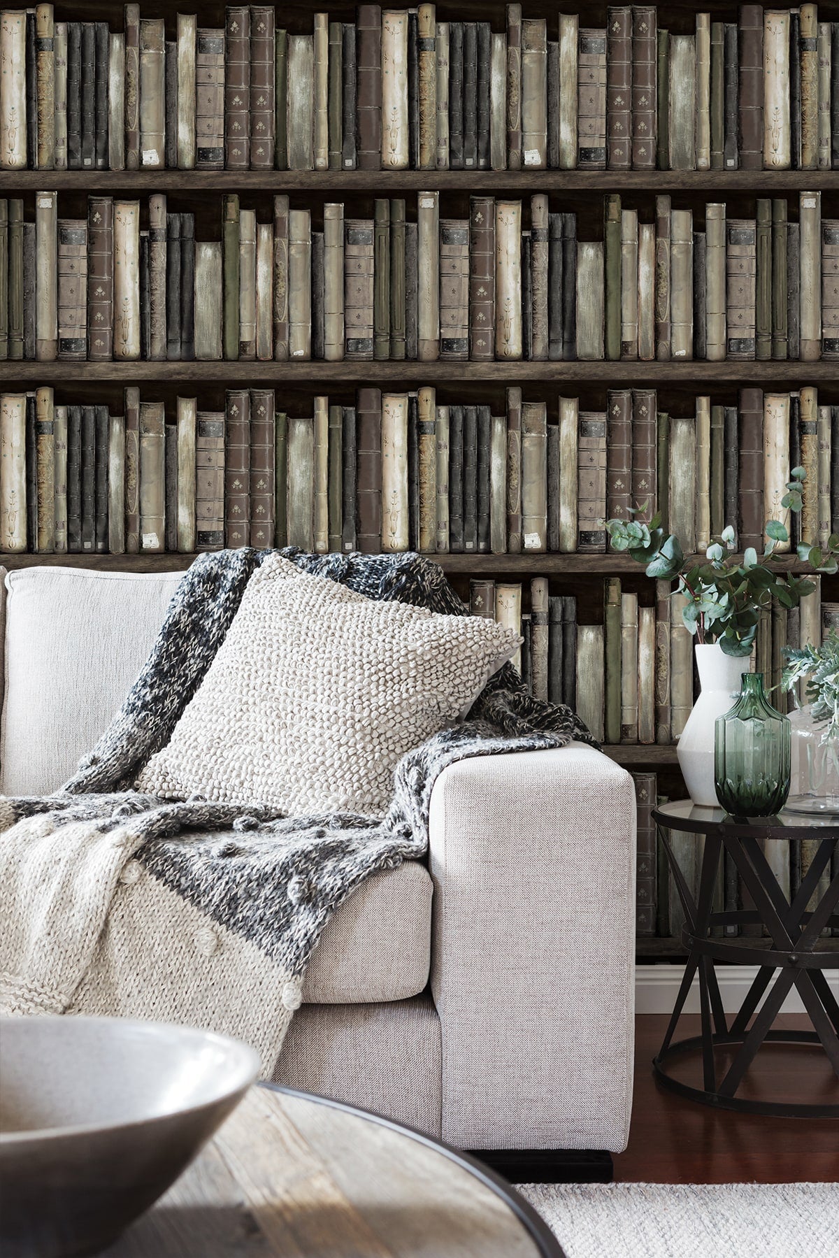 Faux Bookshelves Peel and Stick wallpaper in shale color - pattern number HG13200 - by NextWall in the Peel and Stick Wallpaper by Harry and Grace 5 collection
