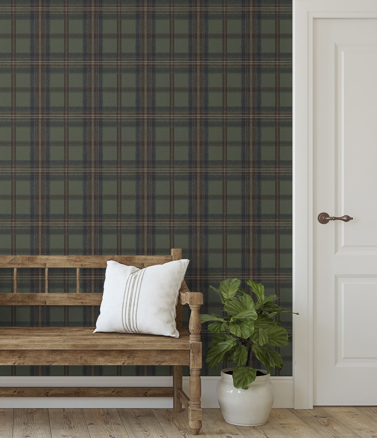 Herringbone Plaid Peel and Stick wallpaper in adobe and antique green color - pattern number HG13704 - by NextWall in the Peel and Stick Wallpaper by Harry and Grace 5 collection