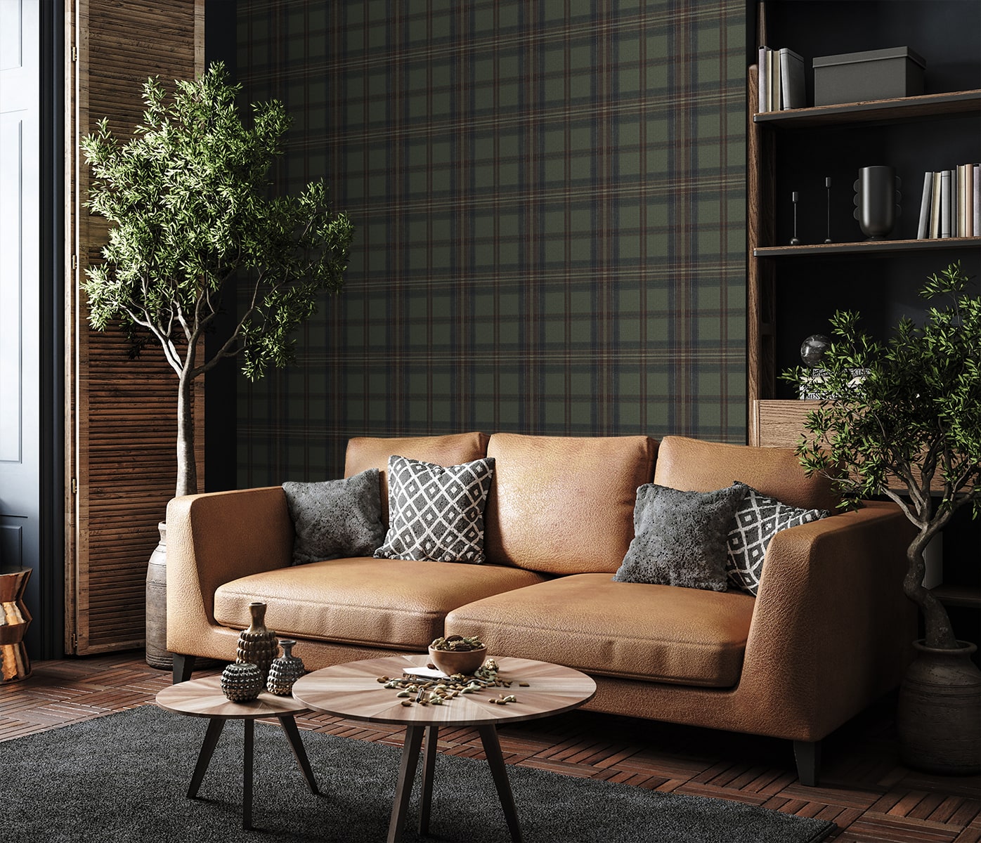 Herringbone Plaid Peel and Stick wallpaper in adobe and antique green color - pattern number HG13704 - by NextWall in the Peel and Stick Wallpaper by Harry and Grace 5 collection