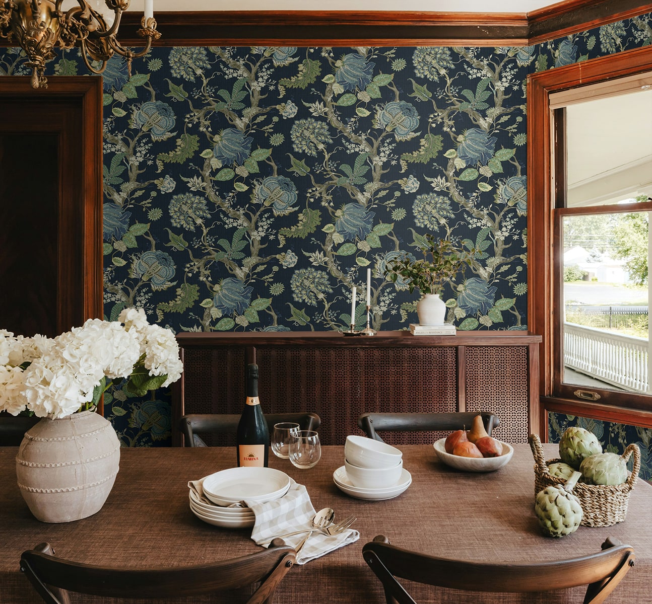 Jacobean Trail Peel and Stick Wallpaper in midnight blue & greenery color - pattern number HG14212 - by NextWall in the Peel and Stick Wallpaper by Harry and Grace 6 collection