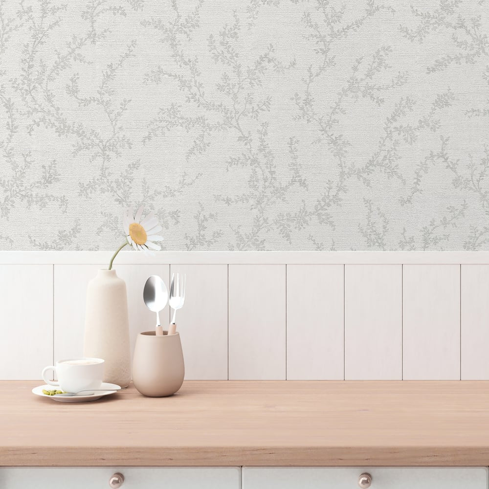 Trailing Vines Motif Wallpaper in Silver Grey color - pattern number GG82121 - by Galerie in the Hygge Home collection