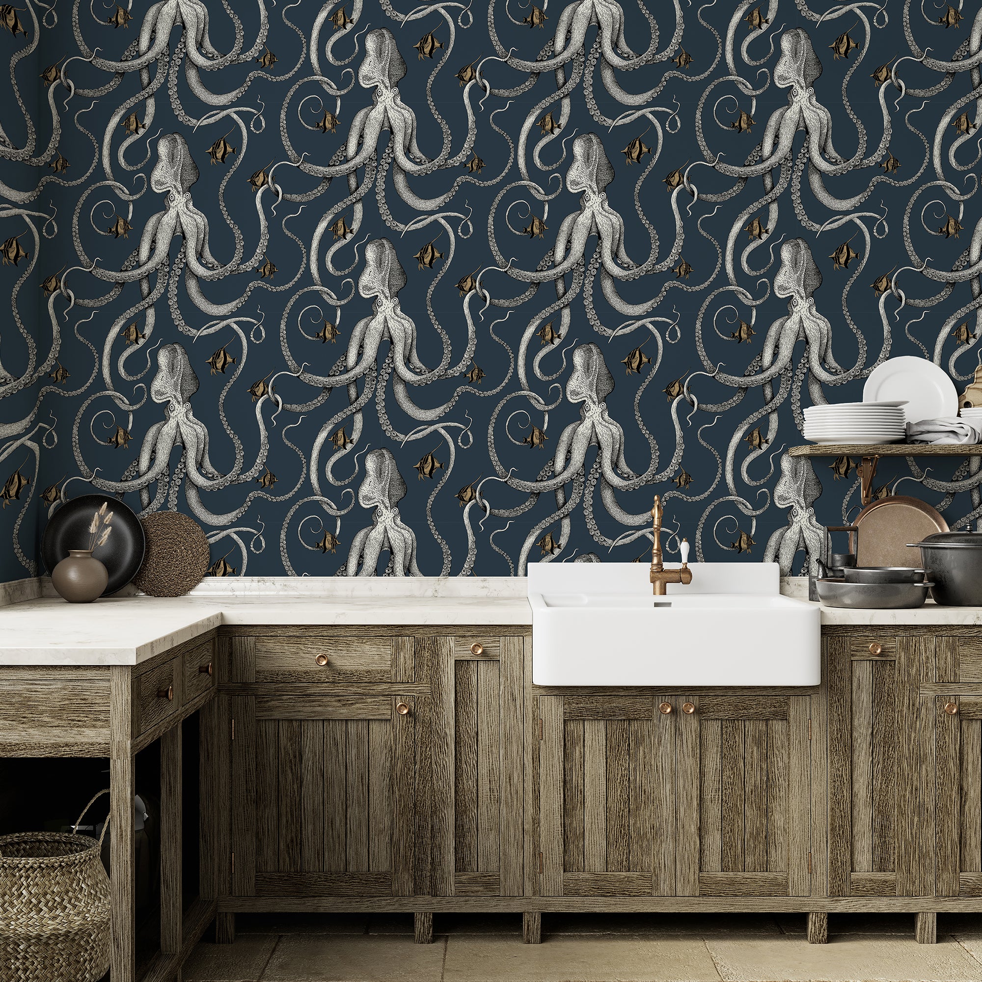Octopoda Wallpaper in deep sea blue color - pattern number JMW1002.01.0 - by Kravet in the Josephine Munsey Portfolio I collection