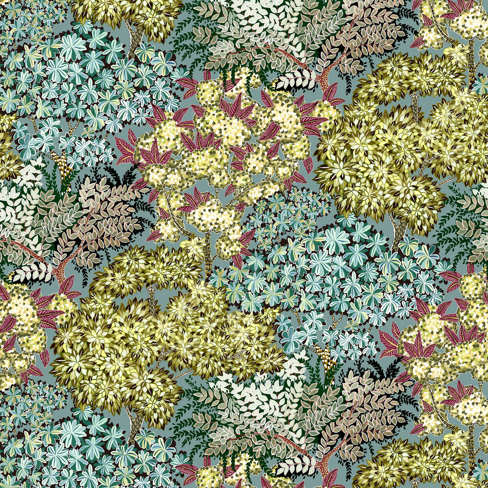 Broccoli Canopy Wallpaper in celadon, olive green & deep red color - pattern number JMW1004.01.0 - by Kravet in the Josephine Munsey Portfolio I collection