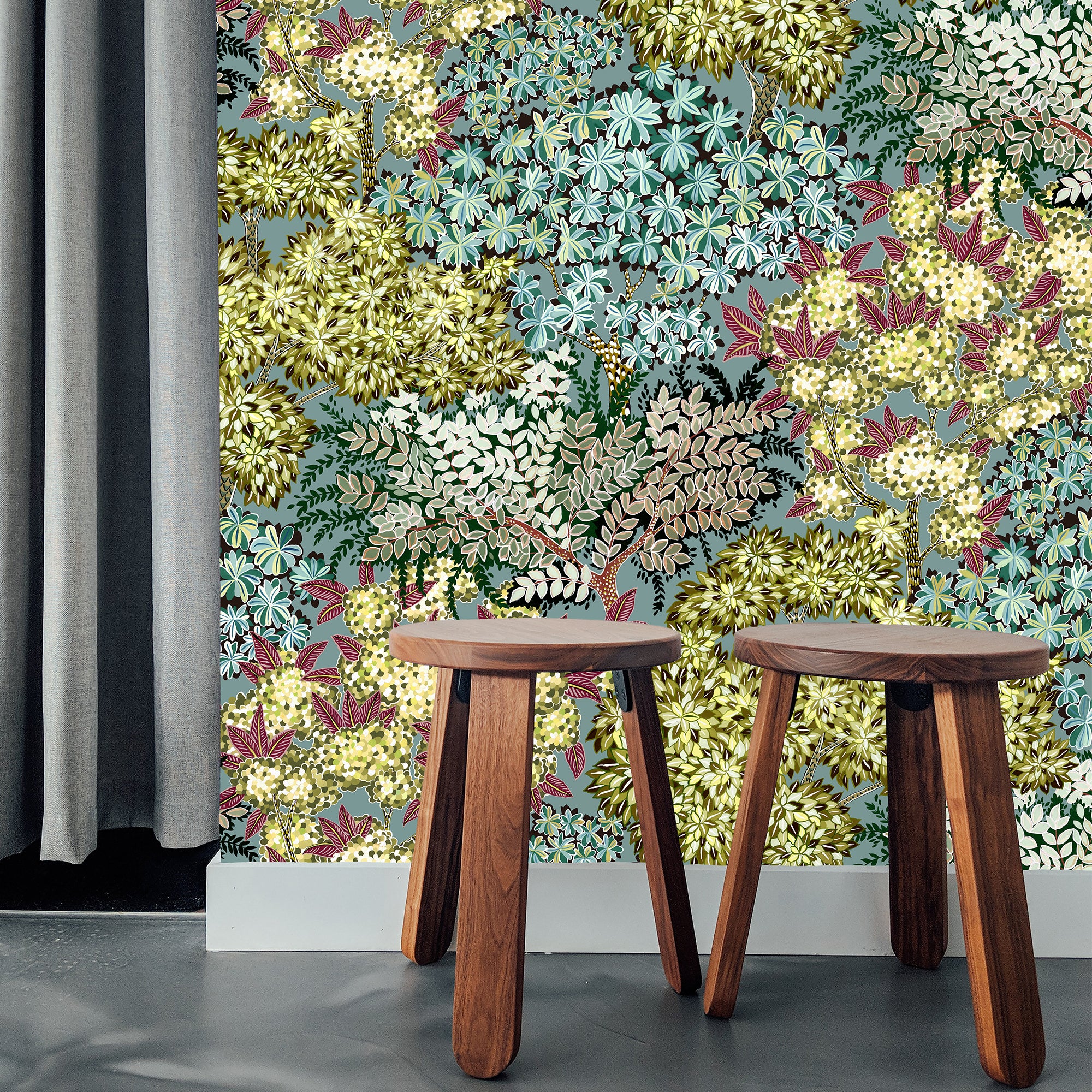 Broccoli Canopy Wallpaper in celadon, olive green & deep red color - pattern number JMW1004.01.0 - by Kravet in the Josephine Munsey Portfolio I collection