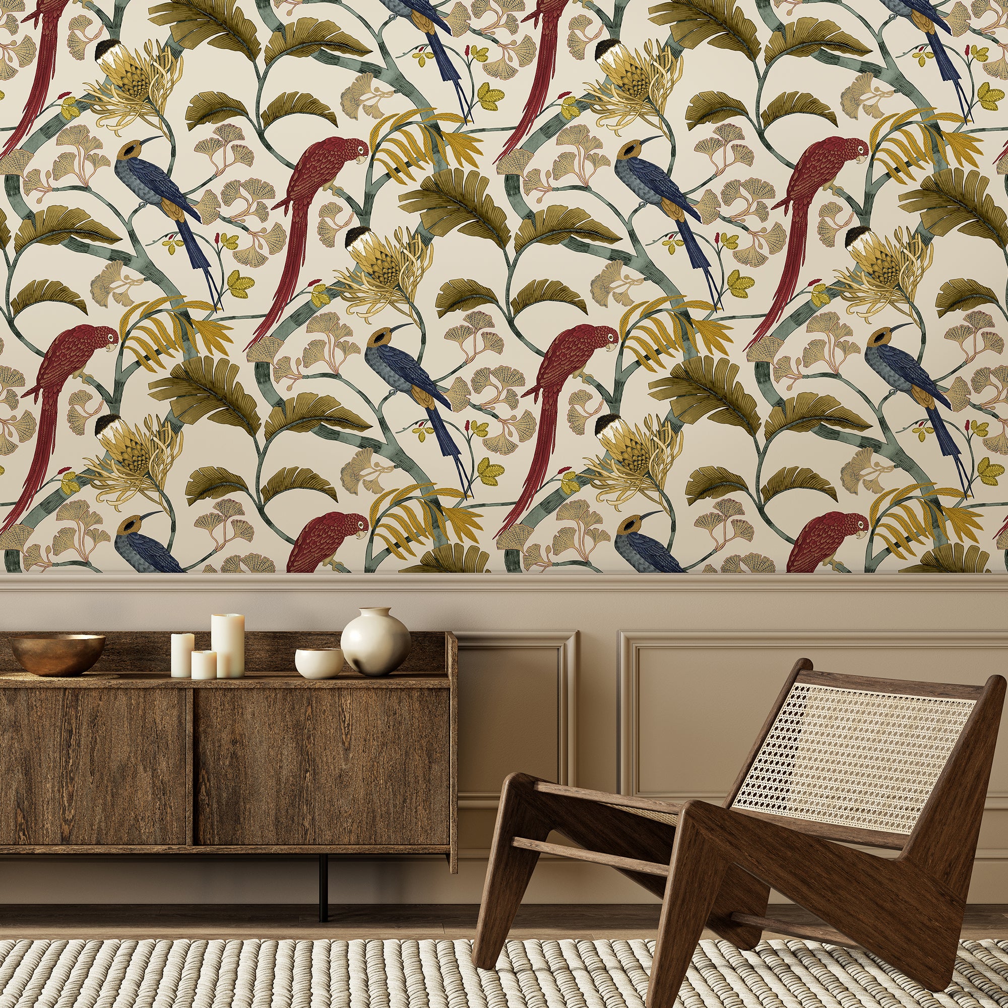 Living Branches Wallpaper in red turquoise and ecru color - pattern number JMW1006.21.0 - by Kravet in the Josephine Munsey Maitland collection