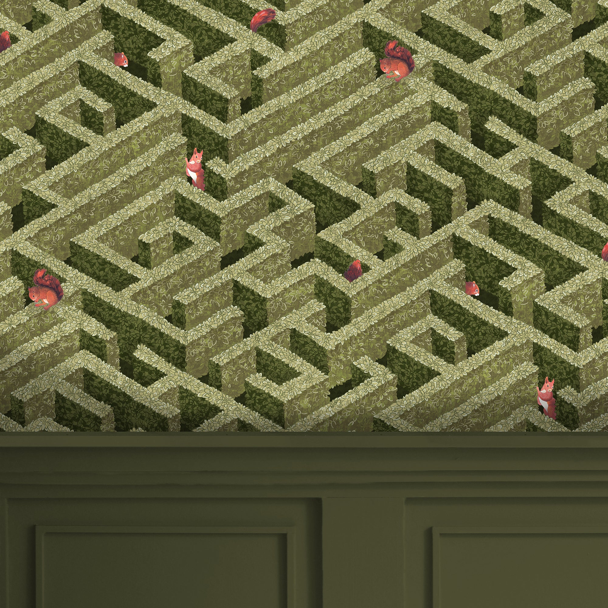 Labyrinth With Squirrels Wallpaper in olive color - pattern number JMW1008.01.0 - by Kravet in the Josephine Munsey Portfolio I collection