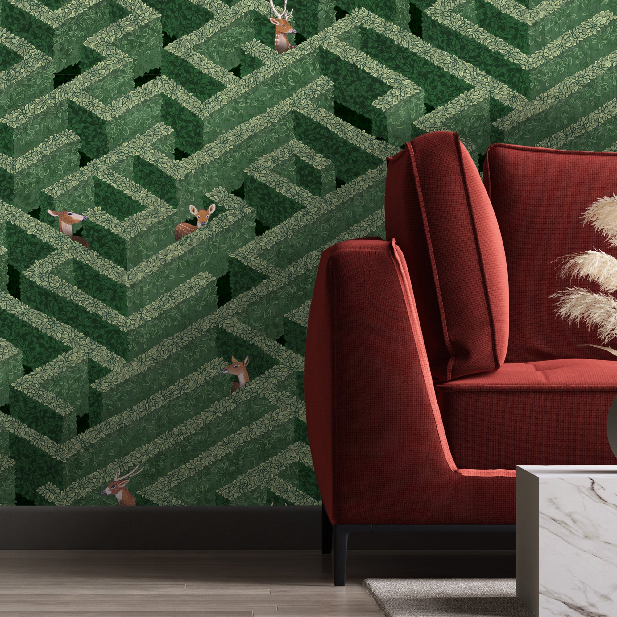 Labyrinth With Deer Wallpaper in green color - pattern number JMW1009.01.0 - by Kravet in the Josephine Munsey Portfolio I collection