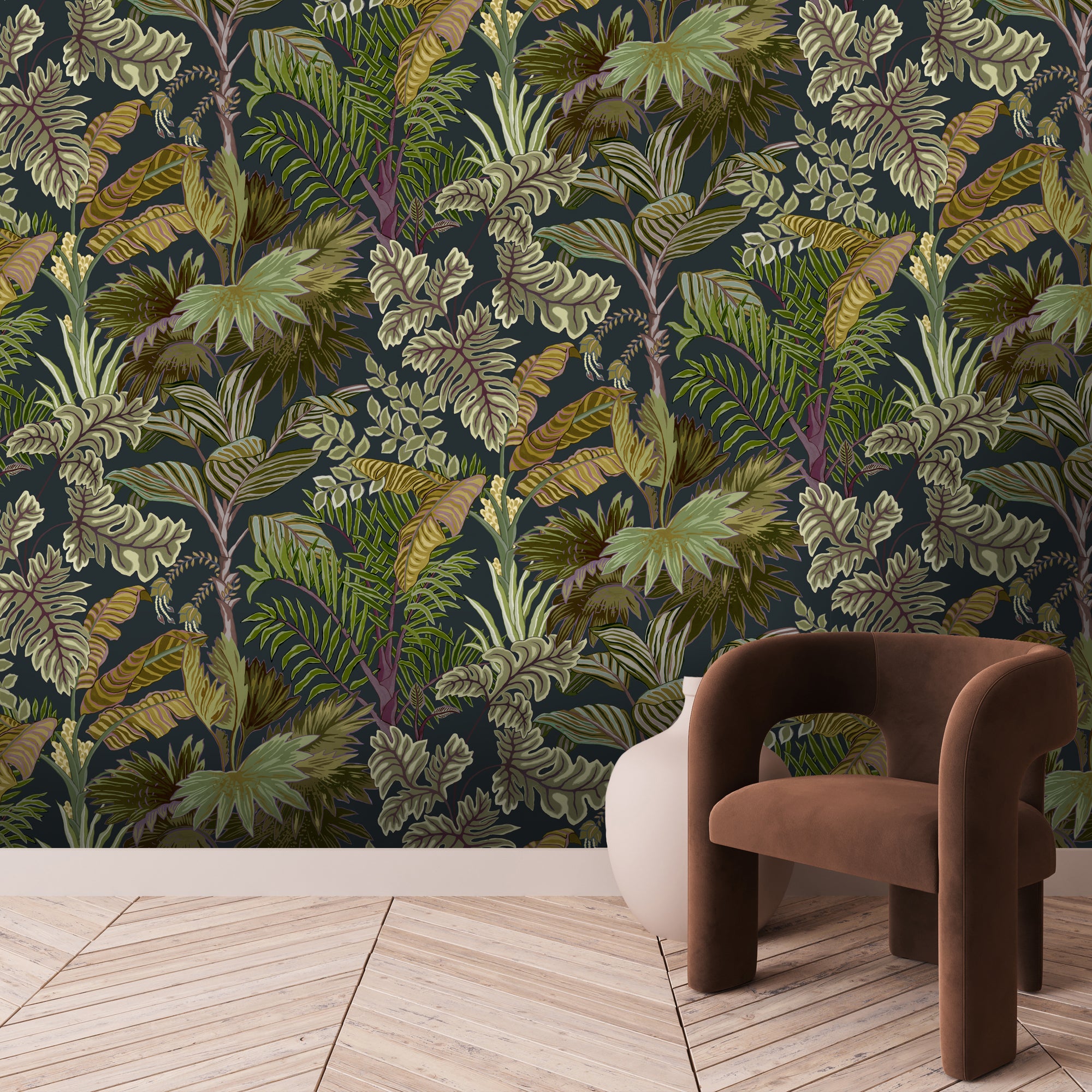 Palm Grove Wallpaper in midnight & green color - pattern number JMW1013.21.0 - by Kravet in the Josephine Munsey Portfolio I collection