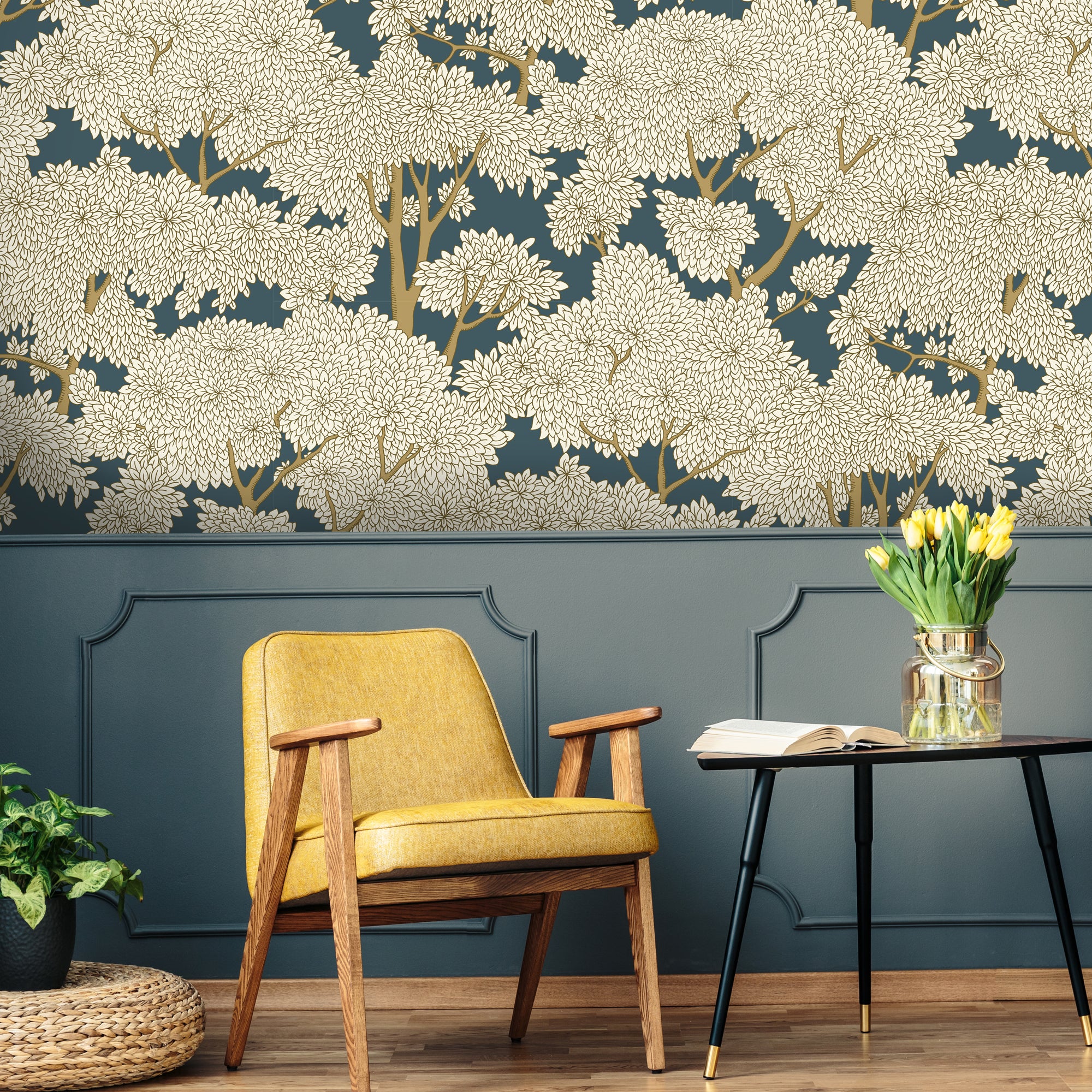 Stockend Woods Wallpaper in navy & ochre color - pattern number JMW1014.01.0 - by Kravet in the Josephine Munsey Portfolio I collection