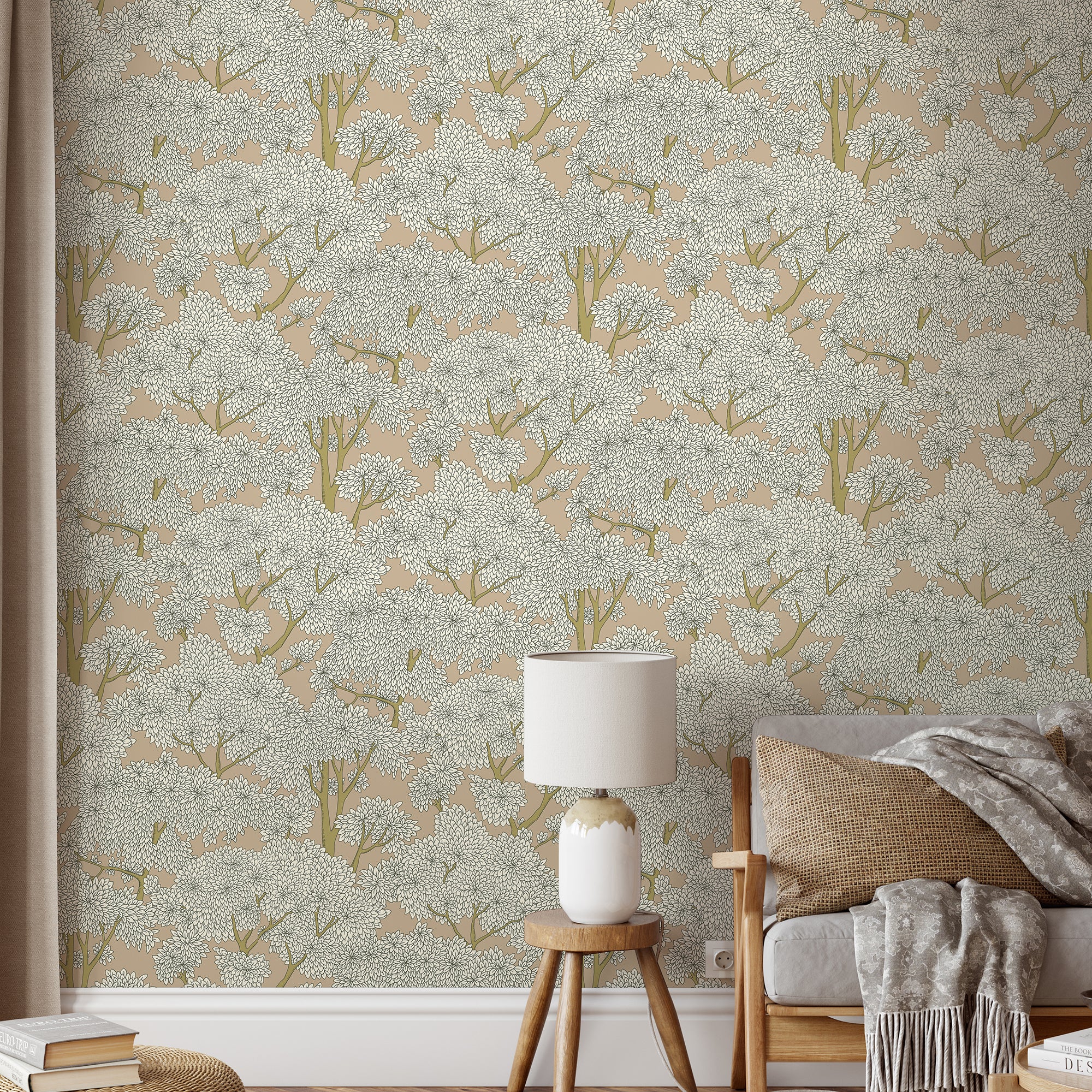 Stockend Woods Wallpaper in stepping stone and cotswold white color - pattern number JMW1014.31.0 - by Kravet in the Josephine Munsey Maitland collection