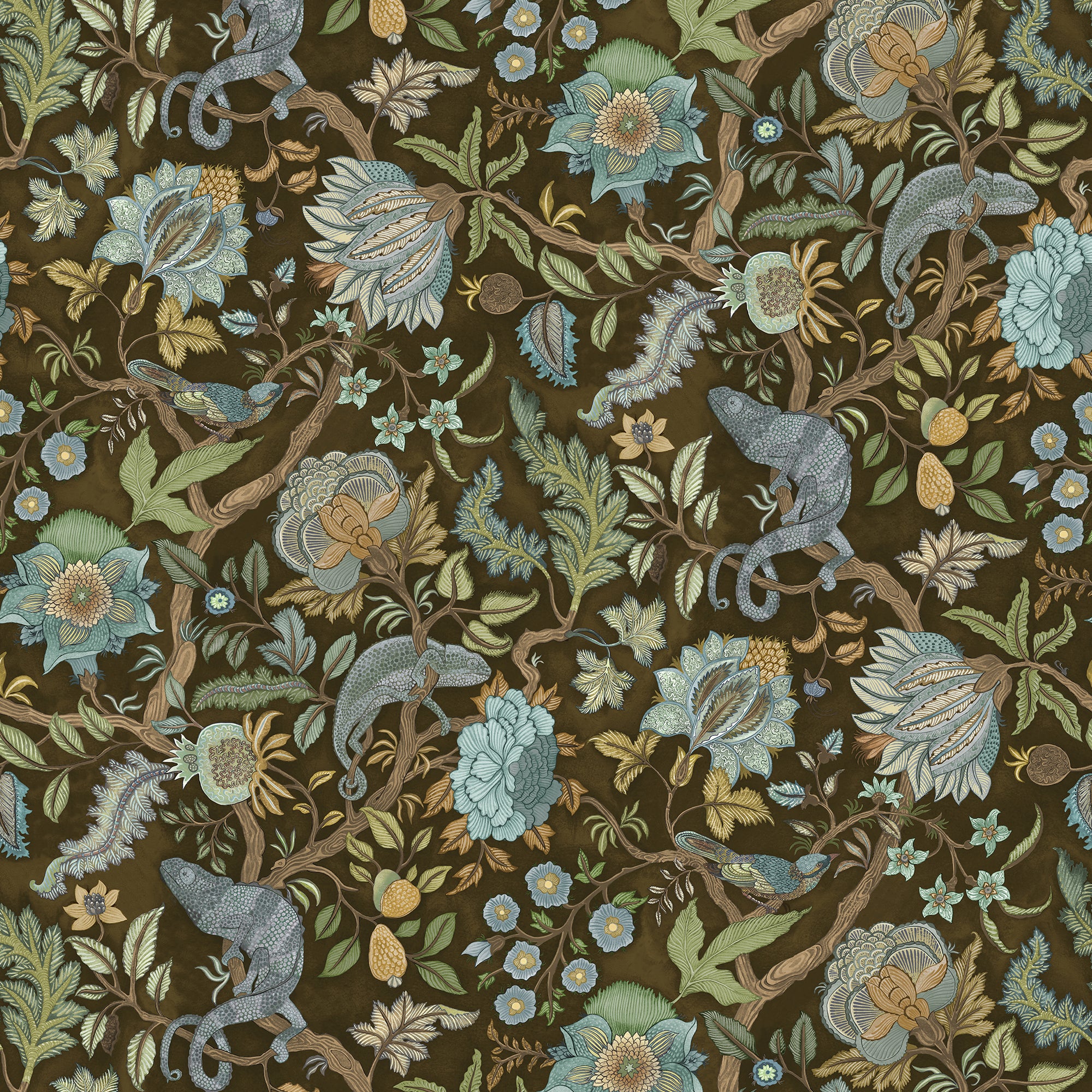 Chameleon Trail Wallpaper in dark brown and blue color - pattern number JMW1022.21.0 - by Kravet in the Josephine Munsey Portfolio II collection