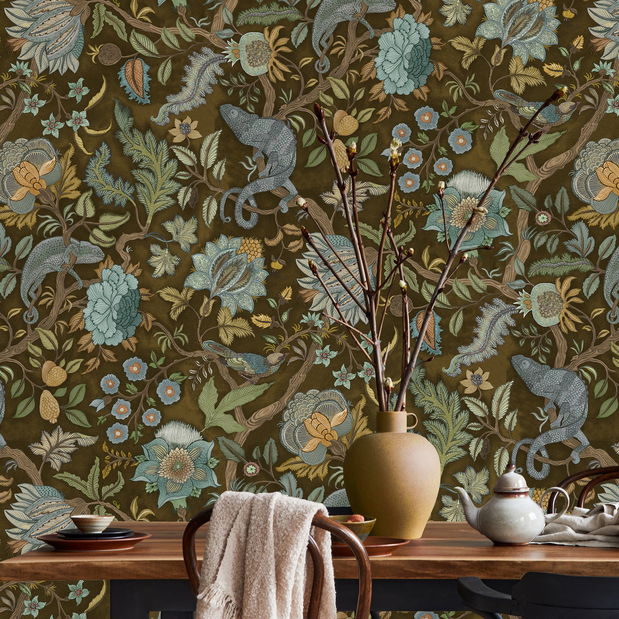 Chameleon Trail Wallpaper in dark brown and blue color - pattern number JMW1022.21.0 - by Kravet in the Josephine Munsey Portfolio II collection