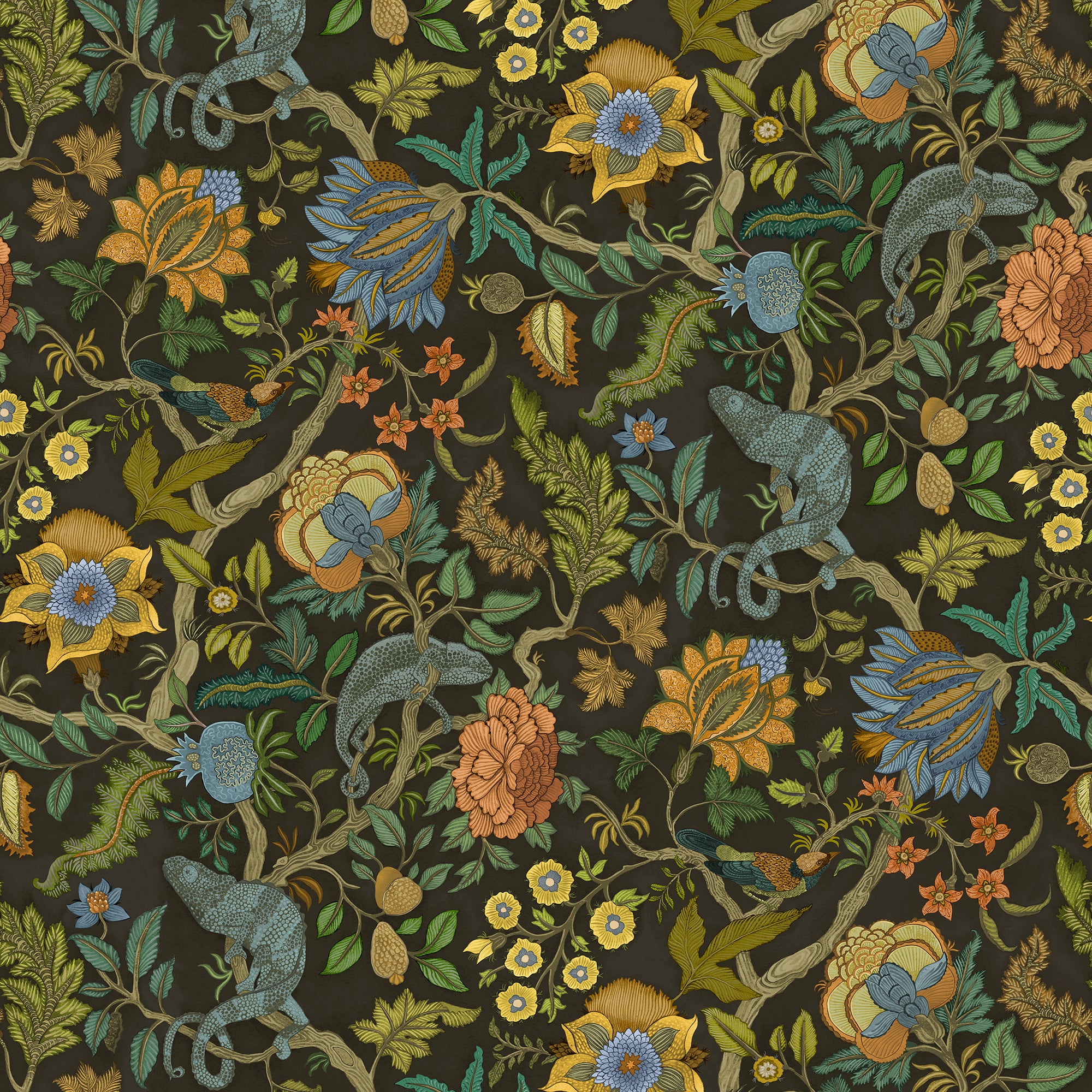 Chameleon Trail Wallpaper in black, orange and blue color - pattern number JMW1022.41.0 - by Kravet in the Josephine Munsey Portfolio II collection
