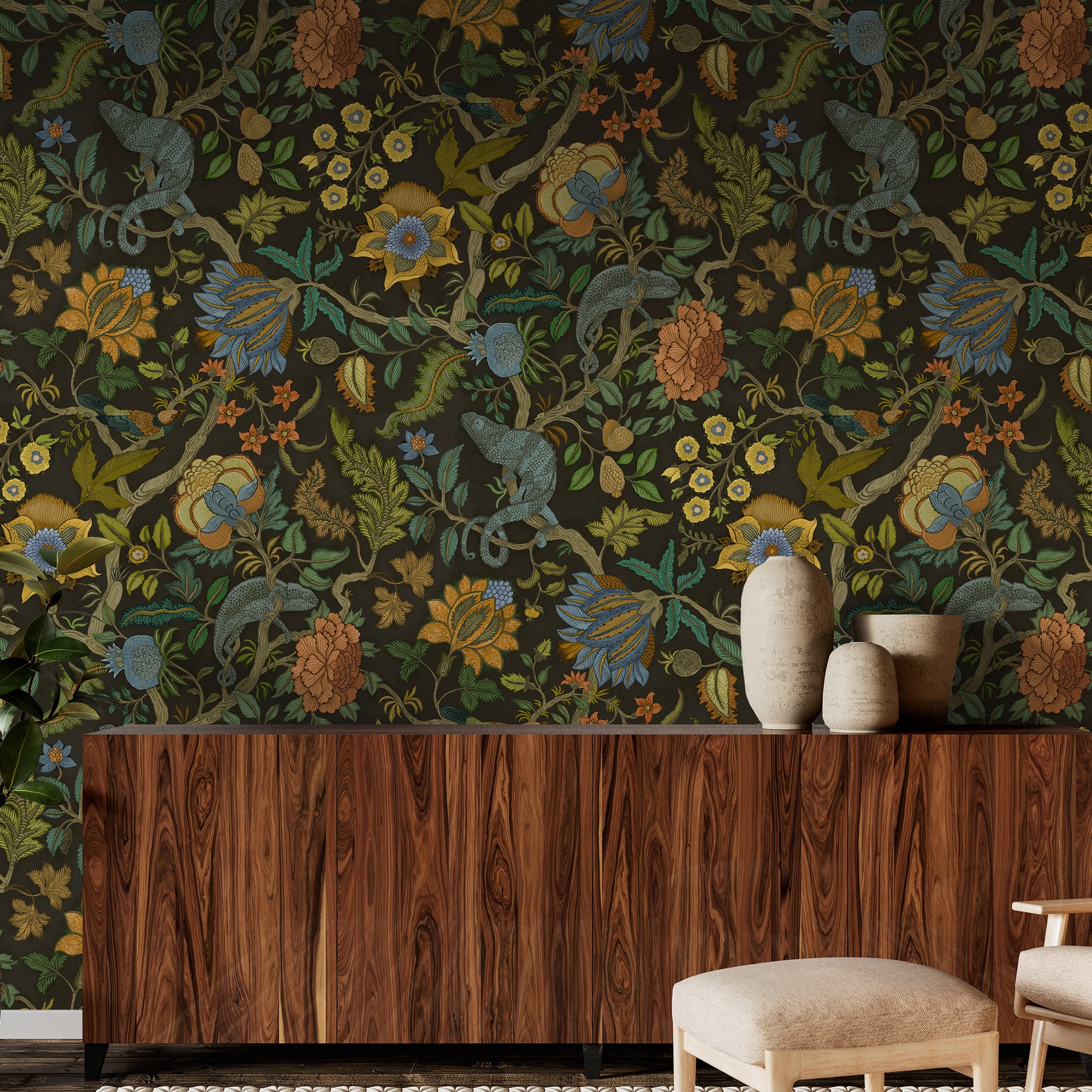 Chameleon Trail Wallpaper in black, orange and blue color - pattern number JMW1022.41.0 - by Kravet in the Josephine Munsey Portfolio II collection