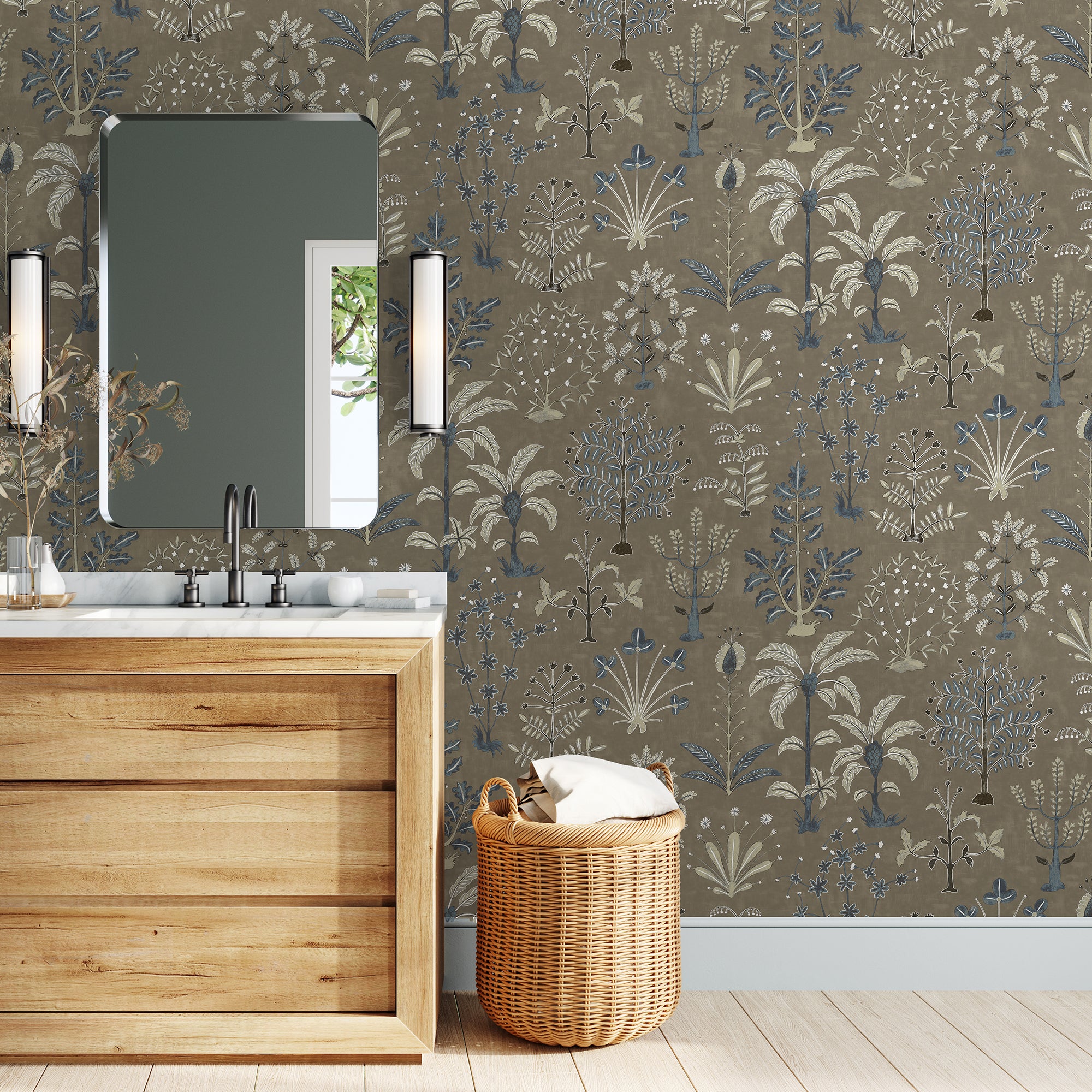 Cynthia Wallpaper in mushroom and blue color - pattern number JMW1023.11.0 - by Kravet in the Josephine Munsey Portfolio II collection