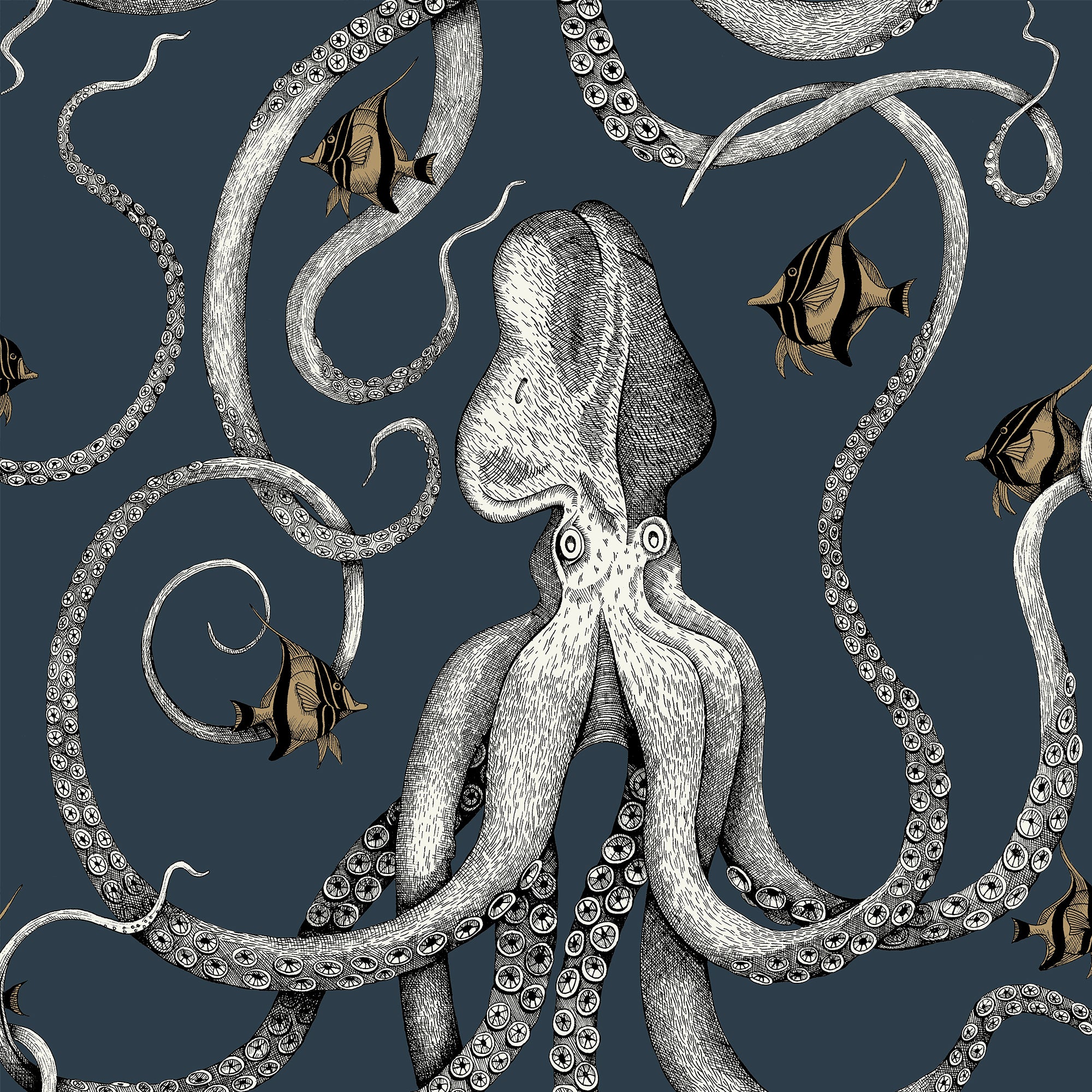 Octopoda Grand Wallpaper in deep sea blue color - pattern number JMW1030.01.0 - by Kravet in the Josephine Munsey Maitland collection