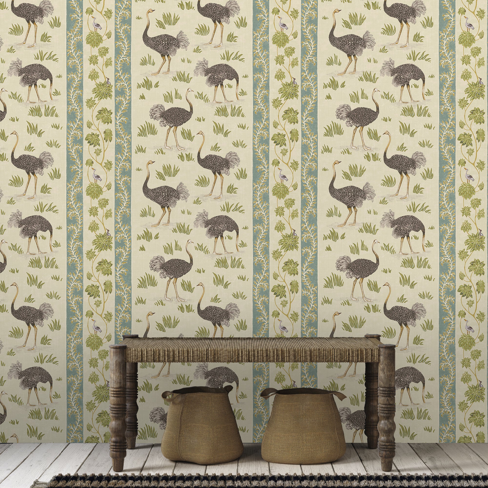 Ostrich Stripe Wallpaper in cream and green color - pattern number JMW1032.41.0 - by Kravet in the Josephine Munsey Maitland collection