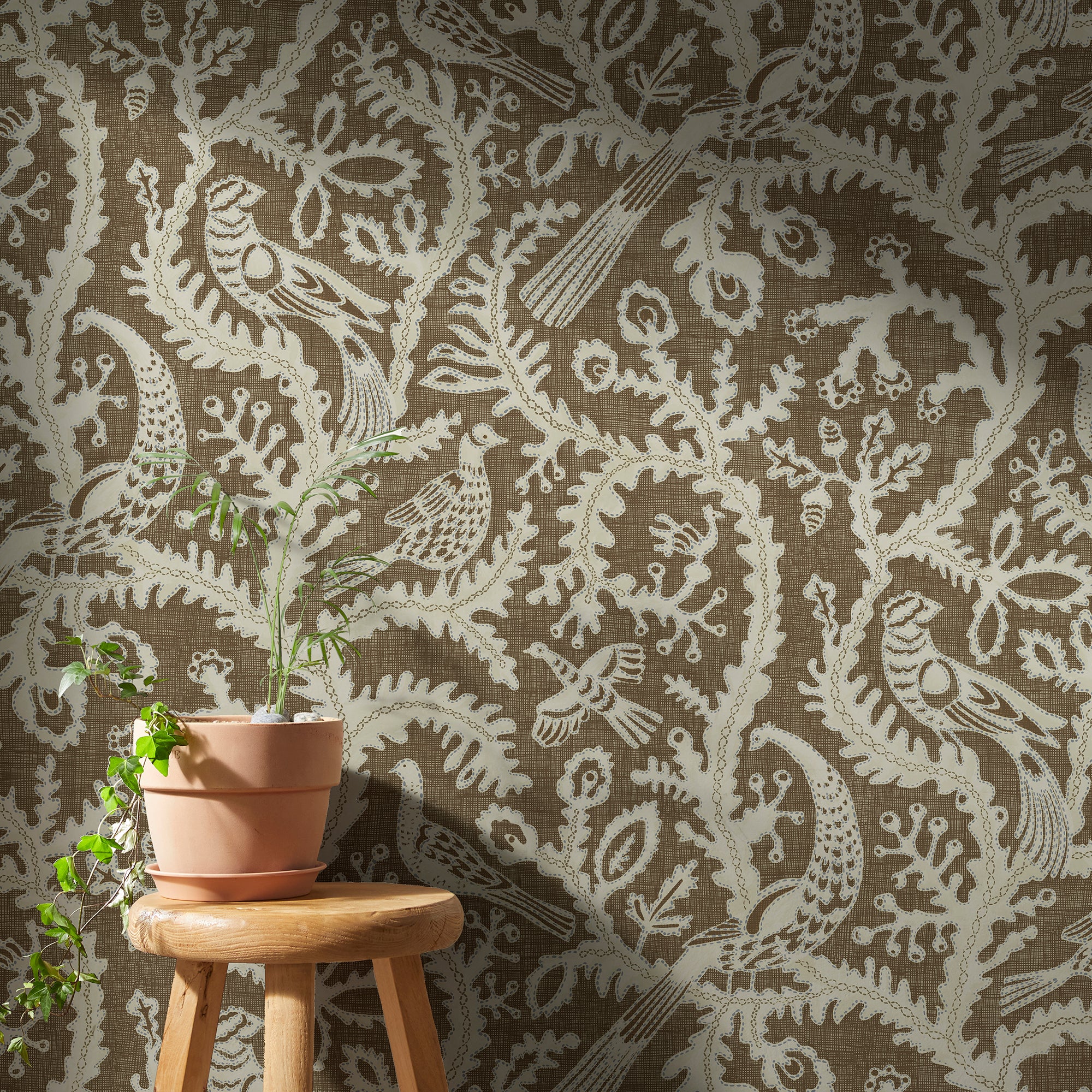 Stitched Birds Wallpaper in brown color - pattern number JMW1035.21.0 - by Kravet in the Josephine Munsey Juniper collection