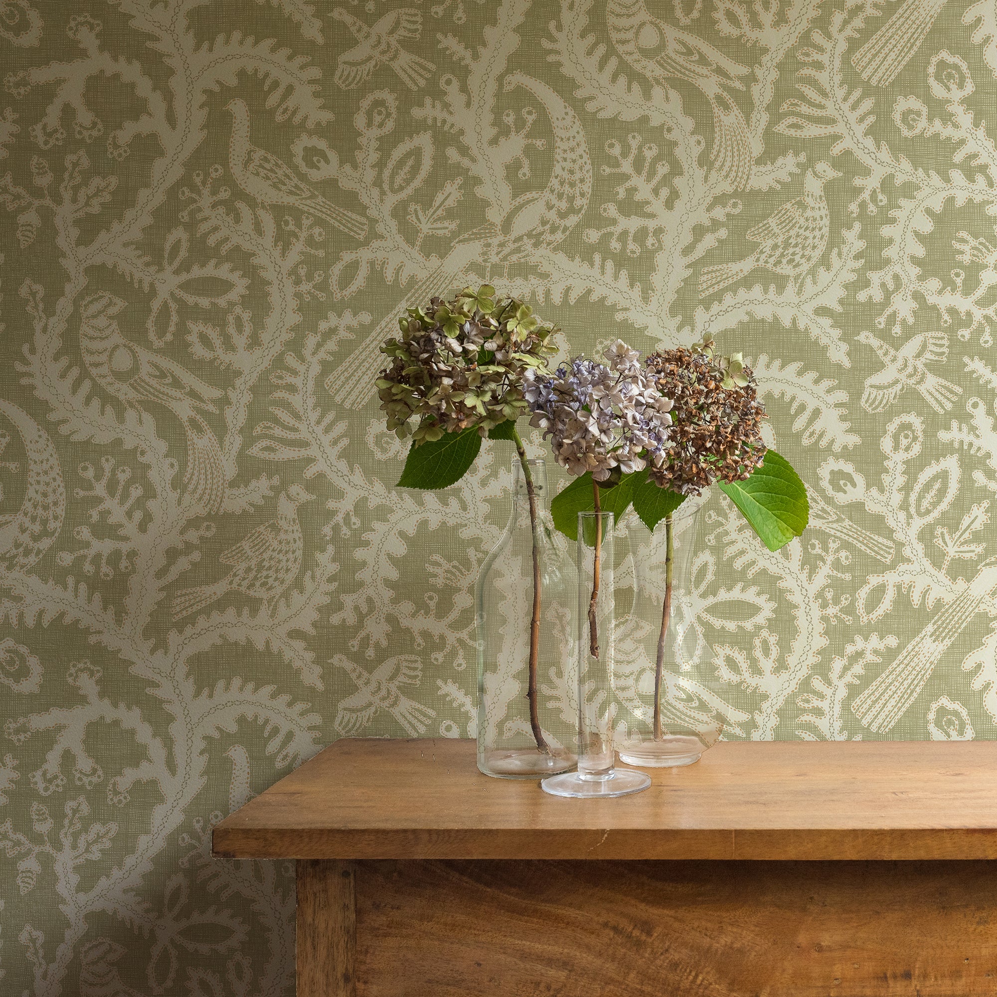 Stitched Birds Wallpaper in sage color - pattern number JMW1035.31.0 - by Kravet in the Josephine Munsey Juniper collection