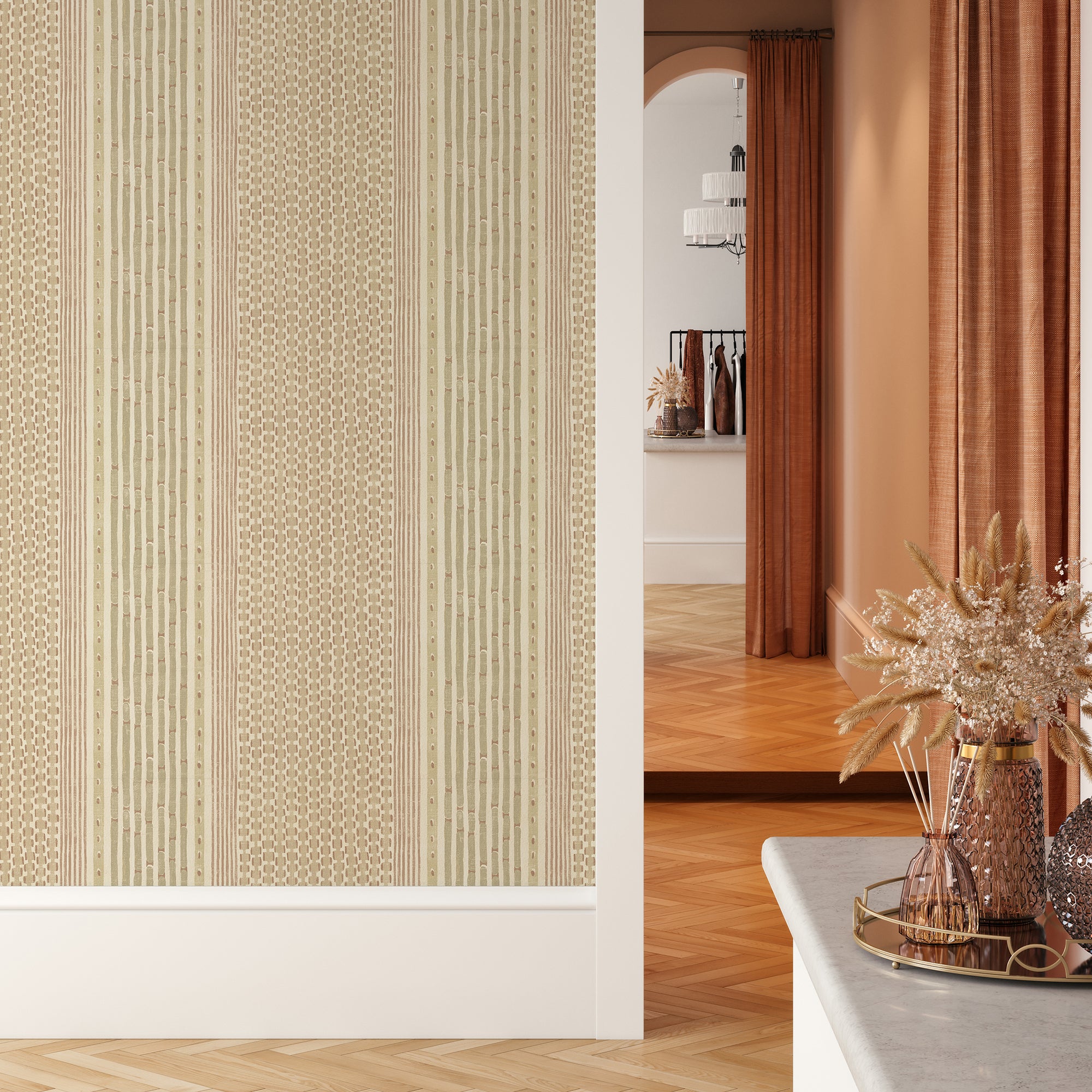 Rita Stripe Wallpaper in blush and soft olive color - pattern number JMW1042.21.0 - by Kravet in the Josephine Munsey Juniper collection