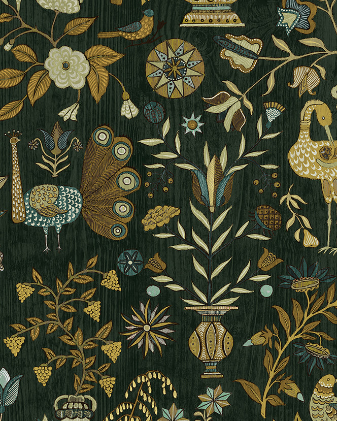 Fable Garden Wallpaper in olive and black color - pattern number JMW1045.11.0 - by Kravet in the Josephine Munsey Alma collection