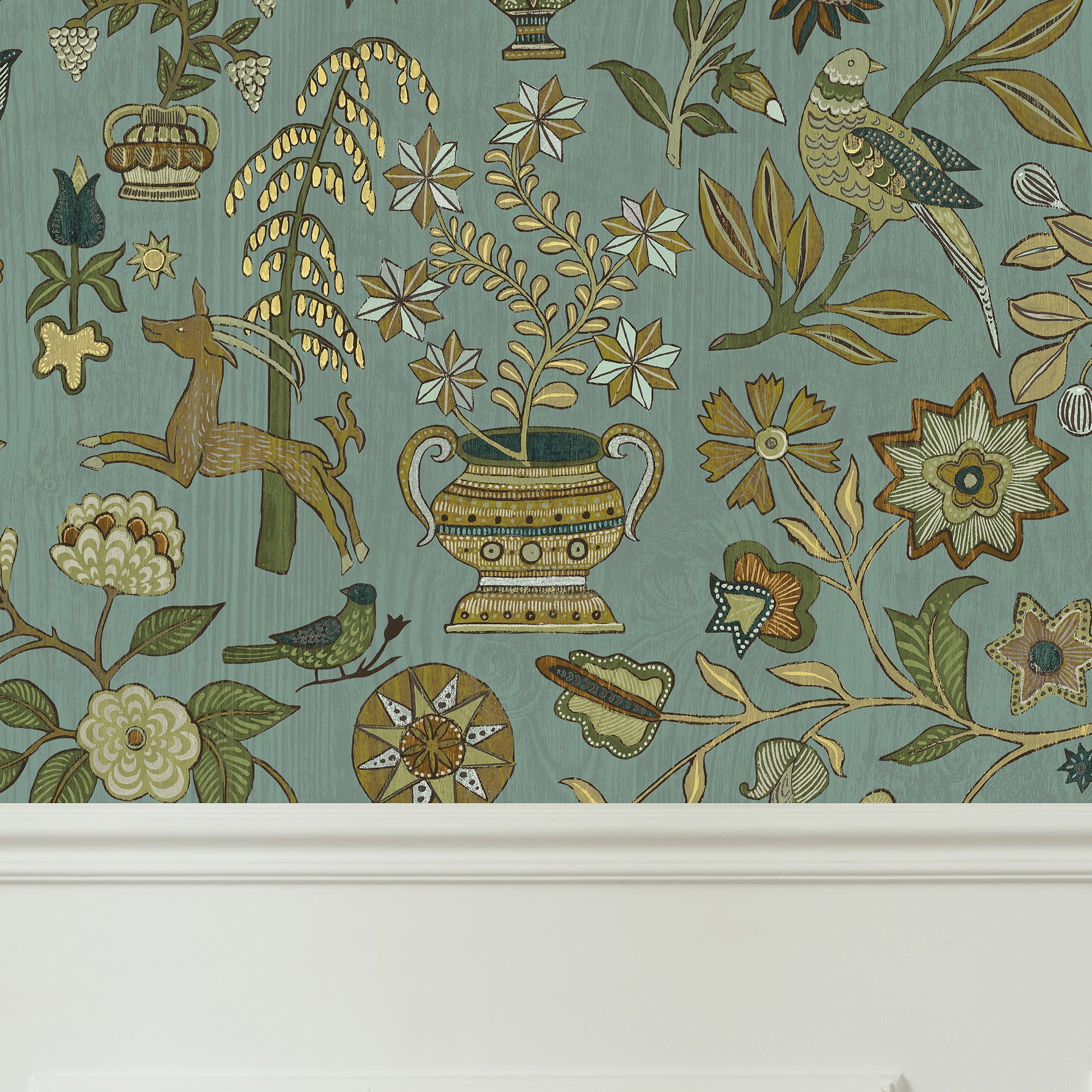 Fable Garden Wallpaper in mid blue and olive color - pattern number JMW1045.31.0 - by Kravet in the Josephine Munsey Alma collection