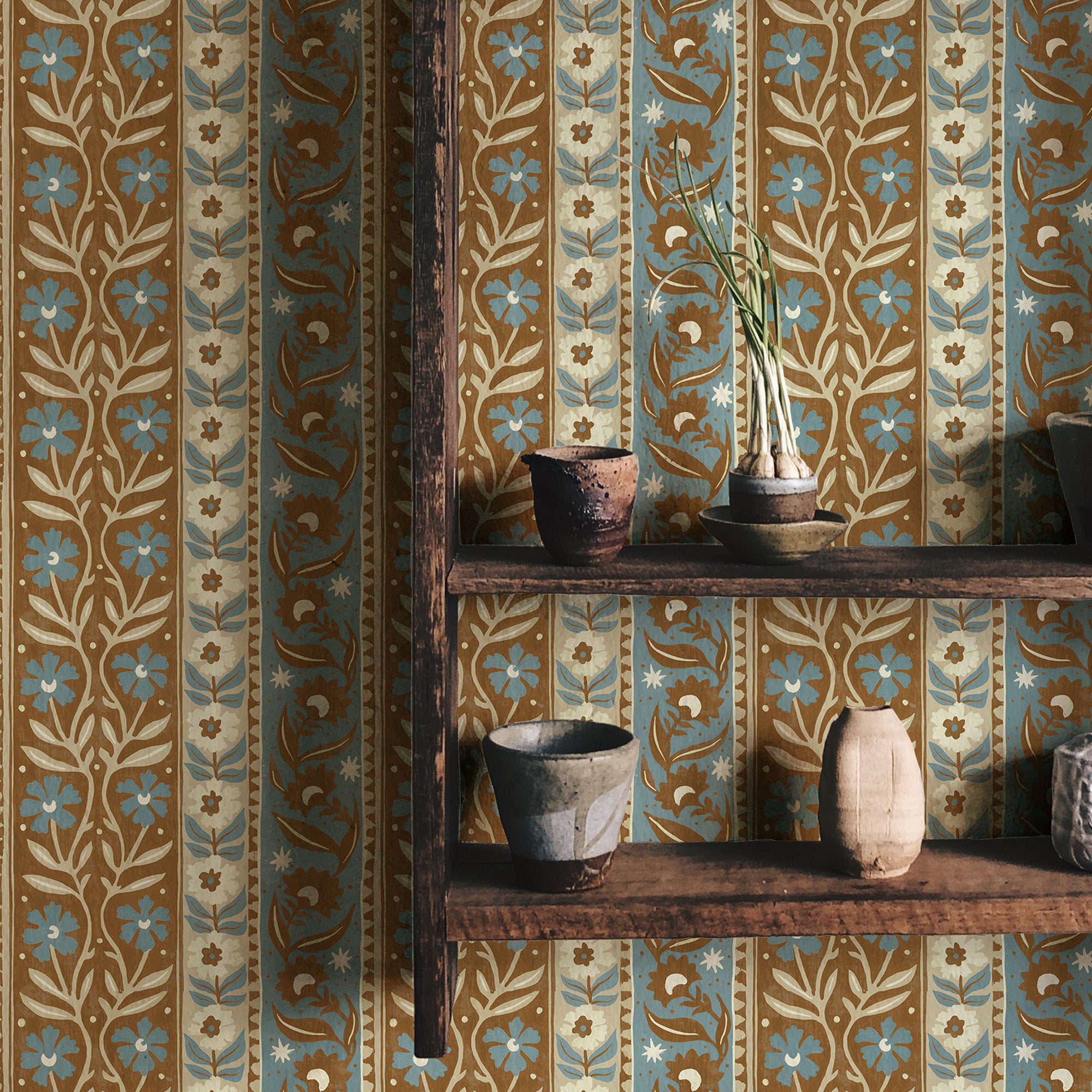 Arber Stripe Wallpaper in brown and blue color - pattern number JMW1048.31.0 - by Kravet in the Josephine Munsey Alma collection