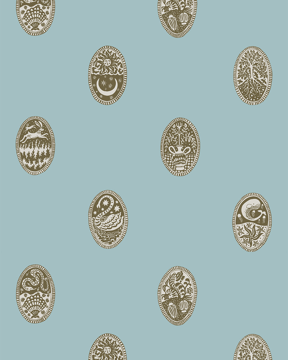 Linear Cameos Wallpaper in cobber, spruce and dew color - pattern number JMWRLIN.03.0 - by Kravet in the Josephine Munsey Roll II collection
