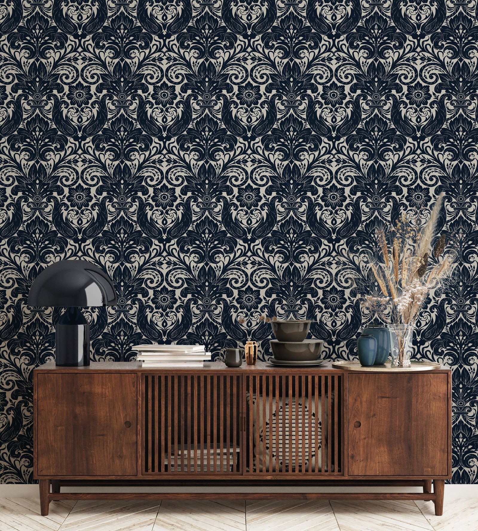 Damask Sauvage wallpaper in blue color - pattern number LB25167 - by Galerie in the Off The Wall collection
