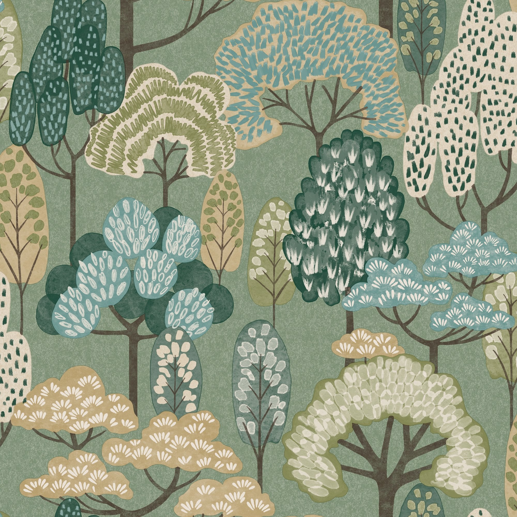 Trees Motive Wallpaper in green color - pattern number GDLD2113 - by Grandeco in the Little Dreamers collection
