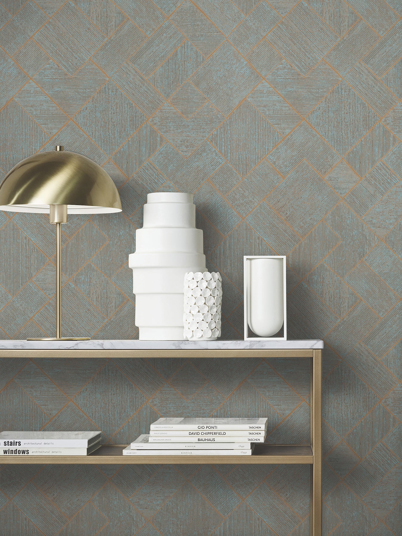 Marquetry wallpaper in teal color - pattern number MA35512 - by Antonina Vella in the Opulent Accents collection