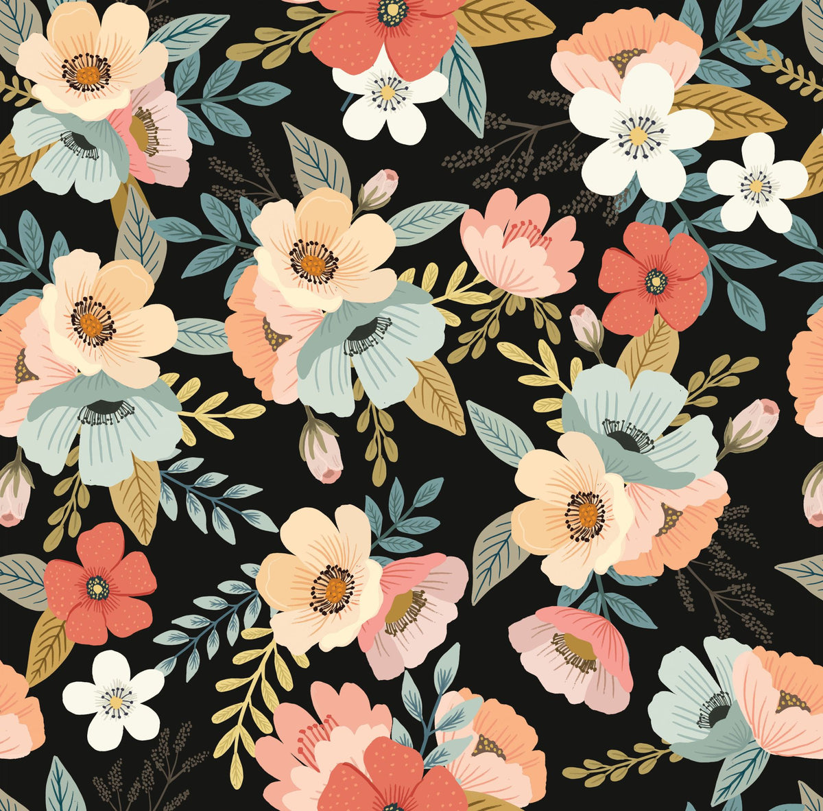 Forna Floral Peel and Stick Wallpaper in Black color - pattern number MIAPS2-02 - by Veer Decor in the Mia Charros Peel and Stick Collection collection