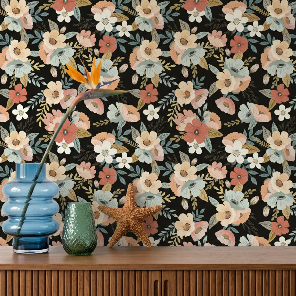 Forna Floral Peel and Stick Wallpaper in Black color - pattern number MIAPS2-02 - by Veer Decor in the Mia Charros Peel and Stick Collection collection