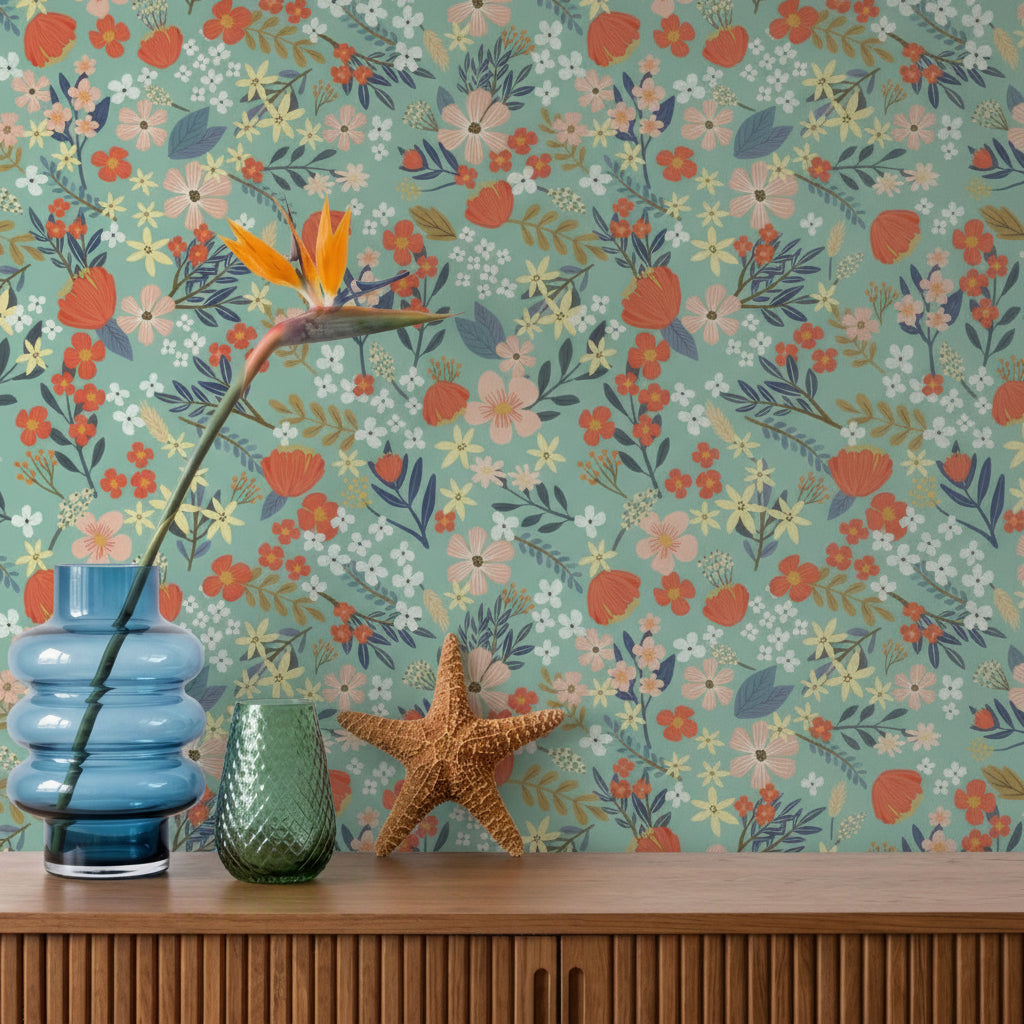 Margarida Floral Peel and Stick Wallpaper in Green color - pattern number MIAPS3-02 - by Veer Decor in the Mia Charros Peel and Stick Collection collection