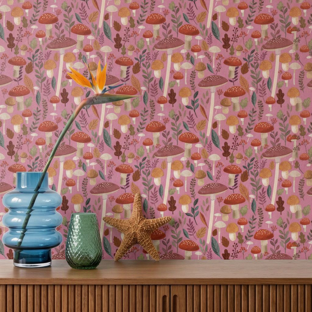 Mushroom Muse Peel and Stick Wallpaper in Pink color - pattern number MIAPS5-01 - by Veer Decor in the Mia Charros Peel and Stick Collection collection